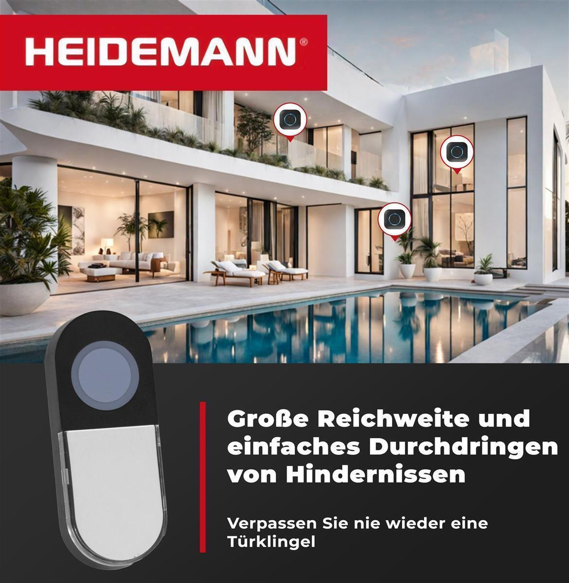 Moderne Türklingel vor Luxusvilla mit Pool. Text: Große Reichweite und einfaches Durchdringen von Hindernissen.