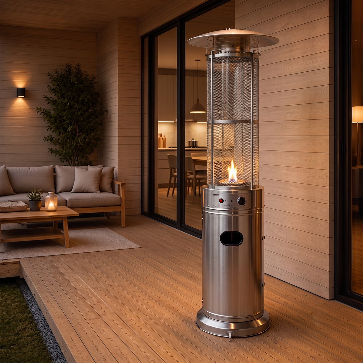 Ein silberner Terrassenheizer mit sichtbarer Flamme steht auf einer Holzterrasse vor einem modernen Haus.