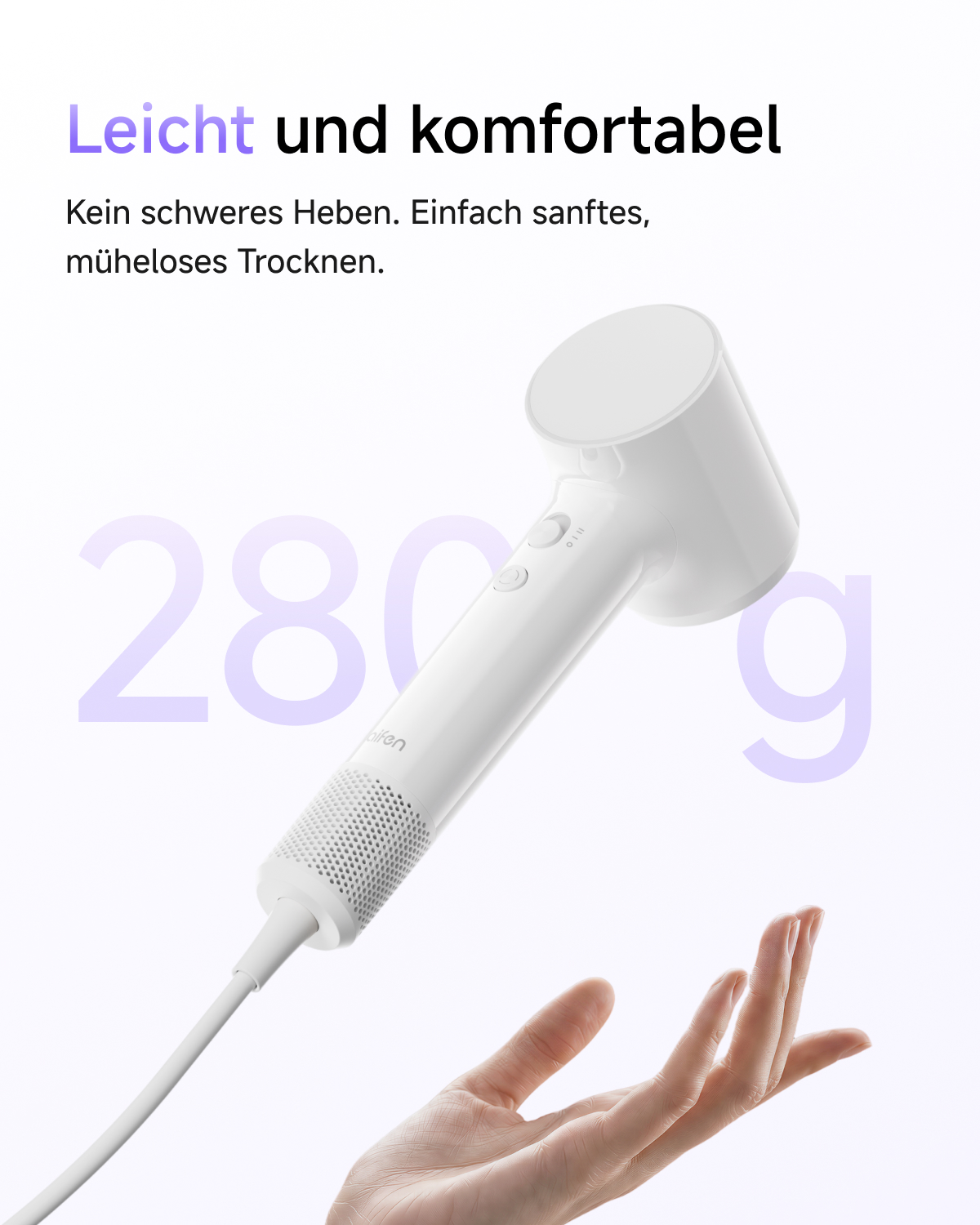Ein weißer Haartrockner schwebt über einer offenen Hand, mit der Aufschrift 280g und deutschem Werbetext.