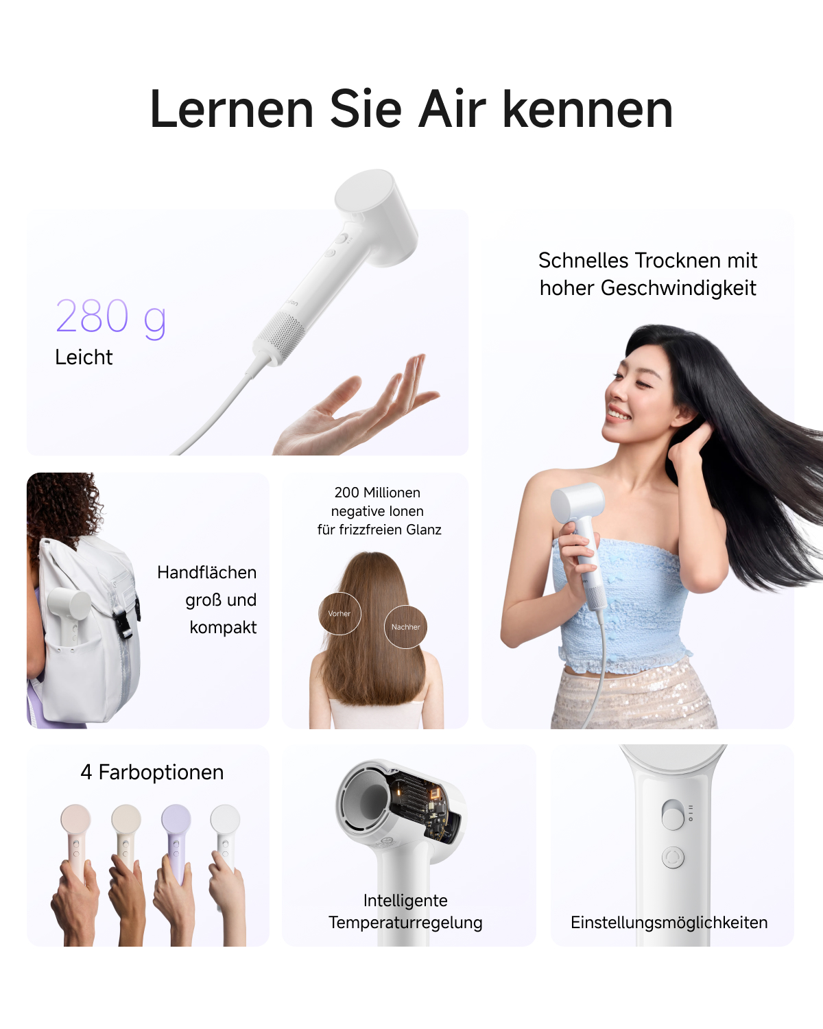 Produktübersicht eines leichten Haartrockners mit Funktionen, Farben und Anwendungsszenen.