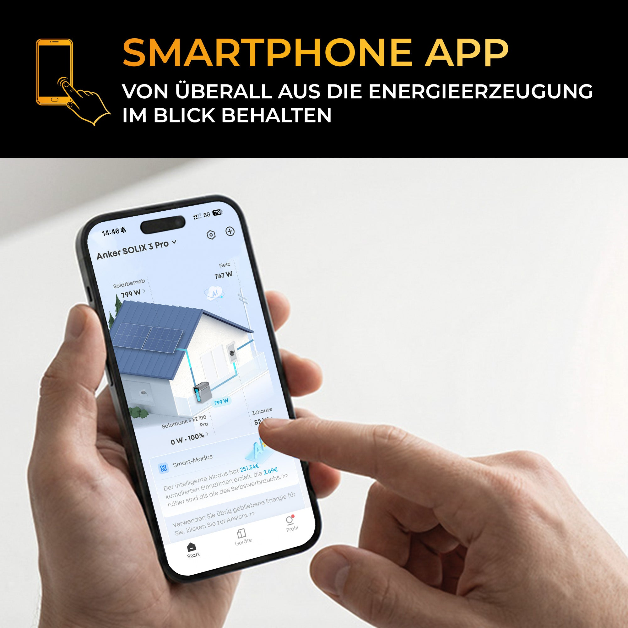 Eine Person hält ein Smartphone mit einer App zur Überwachung von Solarenergie und Stromverbrauch.