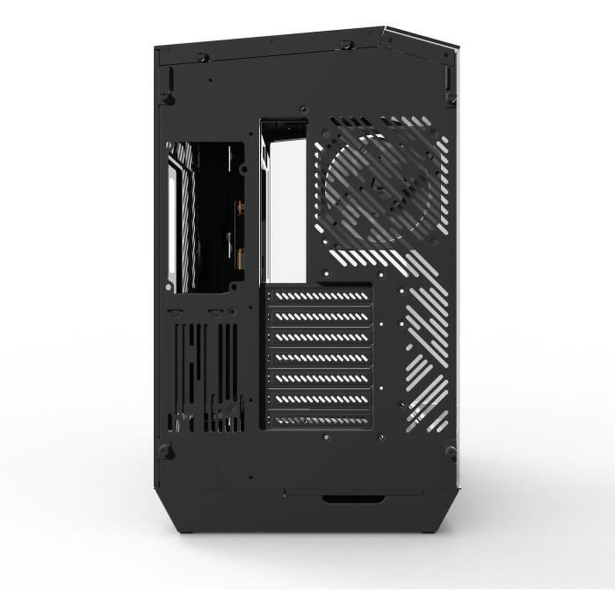 Die Rückseite eines schwarzen PC-Gehäuses mit Lüftungsgittern, Lüfter und Steckplätzen auf weißem Hintergrund.
