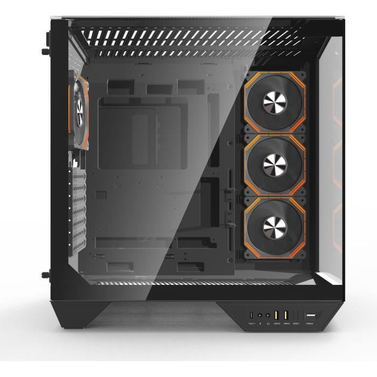 Ein schwarzes PC-Gehäuse mit Glasseitenteil und vier Lüftern mit orangen Akzenten.