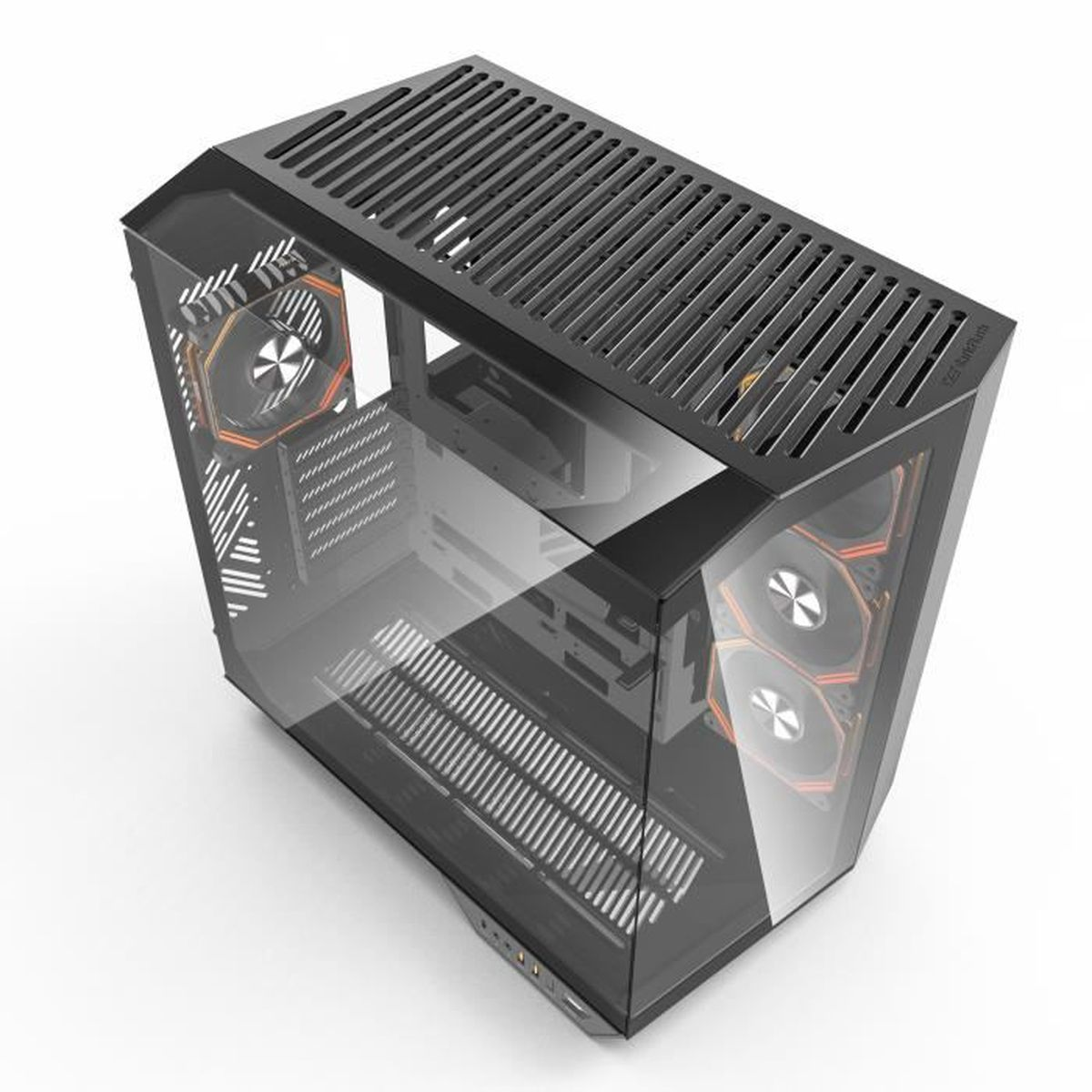 Ein leerer schwarzer PC-Tower mit Glasfront, Lüftern mit orangem Akzent und einem Lamellendach auf weißem Hintergrund.