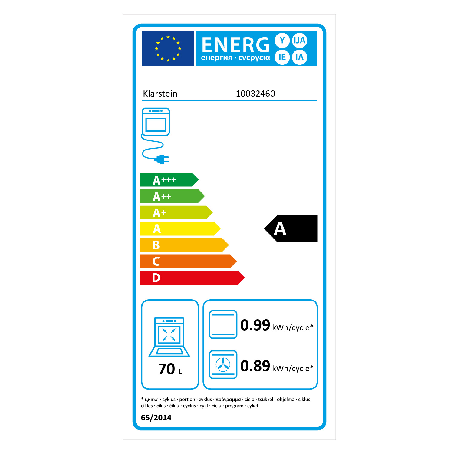 Etichetta energetica UE per forni Klarstein con classe energetica A.