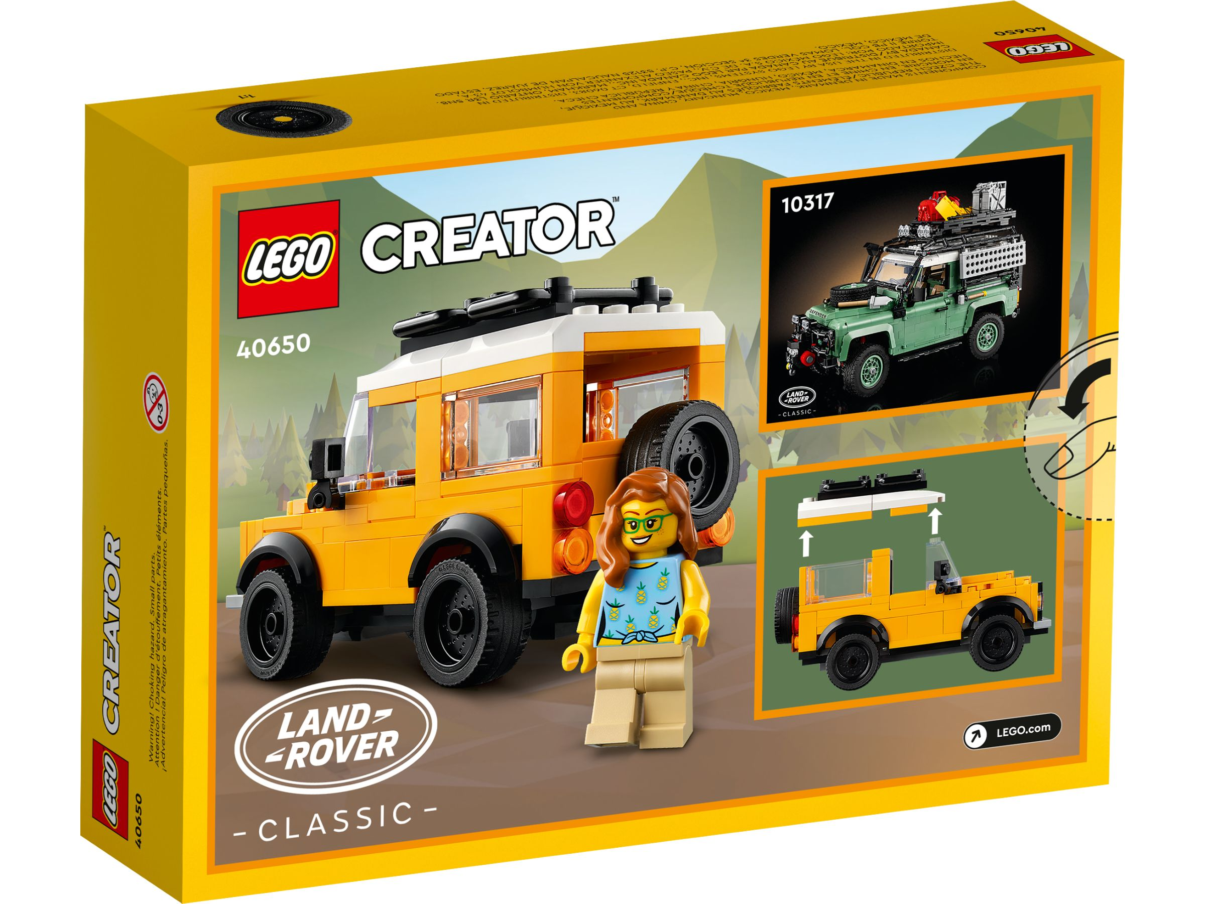 LEGO Creator Land Rover Classic Box mit gelbem Auto, Minifigur und kleinen Vorschaubildern.