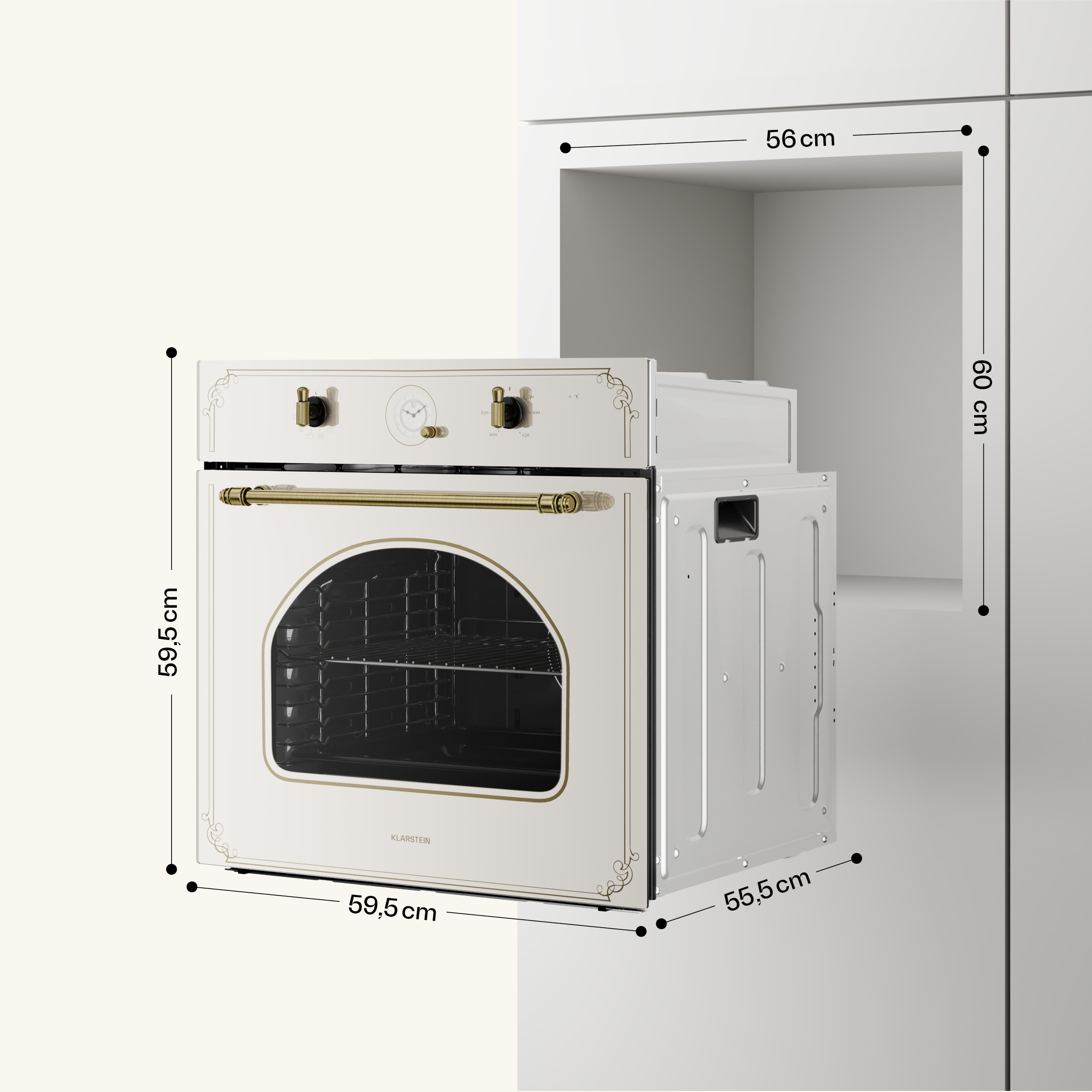 El diagrama muestra las dimensiones de instalación de un horno blanco en un armario.