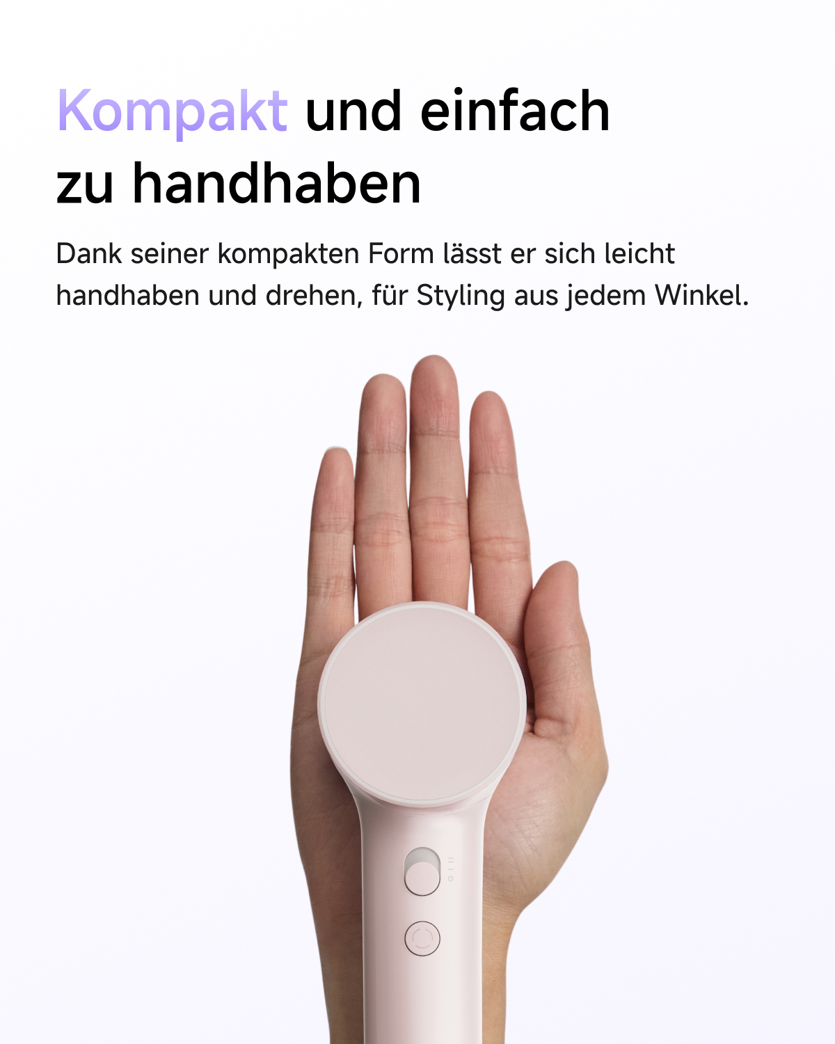 Eine Hand hält ein kompaktes, rosafarbenes Stylinggerät vor weißem Hintergrund mit deutschem Text.