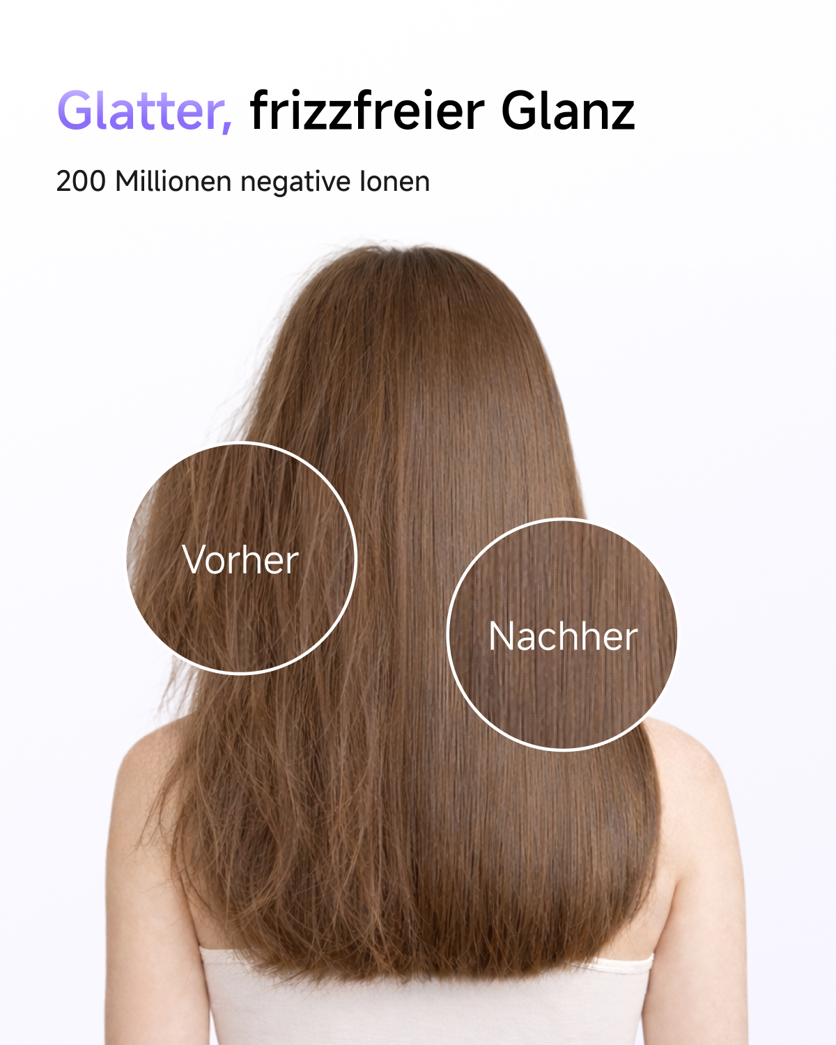 Haarvergleich: Links strohig mit Frizz vorher, rechts glatt nachher.