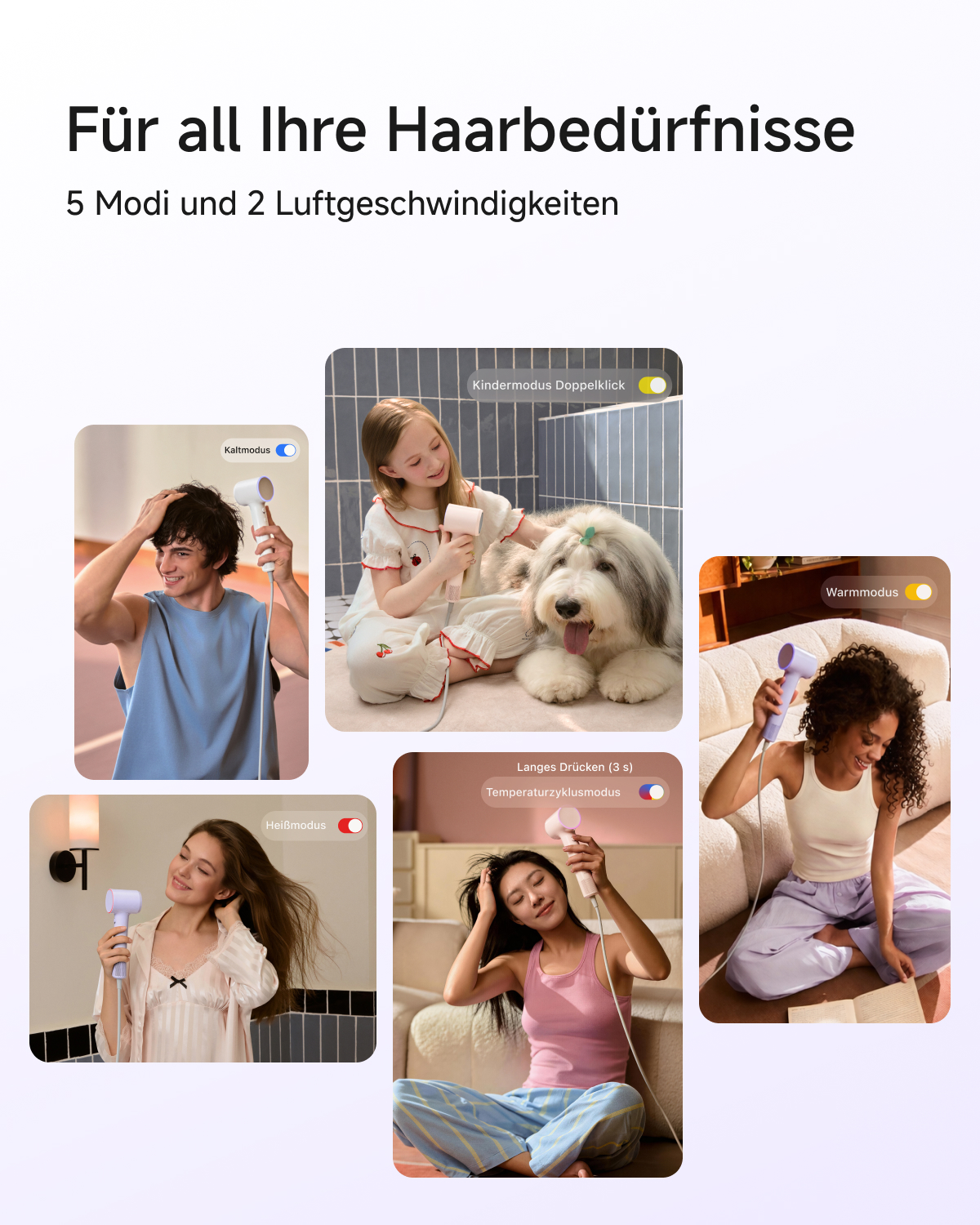 Verschiedene Personen und ein Hund nutzen einen modernen Haartrockner in unterschiedlichen Modi.