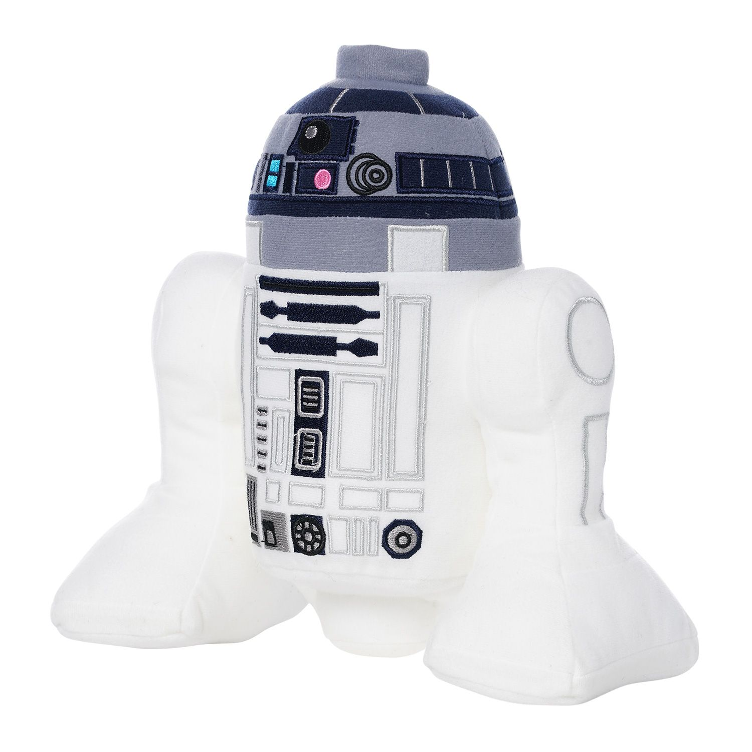 Ein weicher, weiß-blau-grauer Plüschroboter R2-D2 aus Star Wars mit gestickten Details auf weißem Hintergrund.