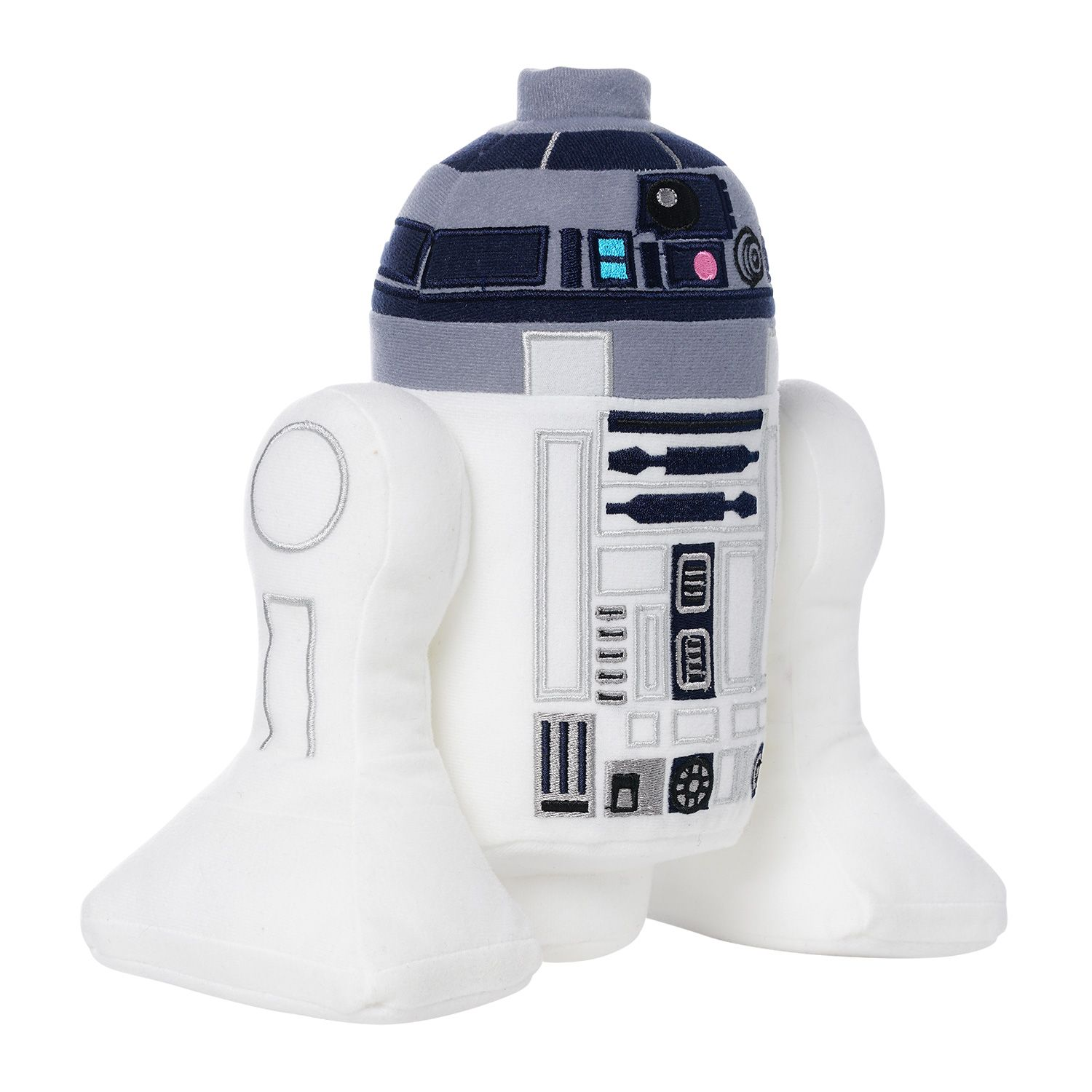 Ein weicher, weiß-blau-grauer Plüsch-Droide mit aufgestickten Details im R2-D2-Design auf einfarbigem Hintergrund.
