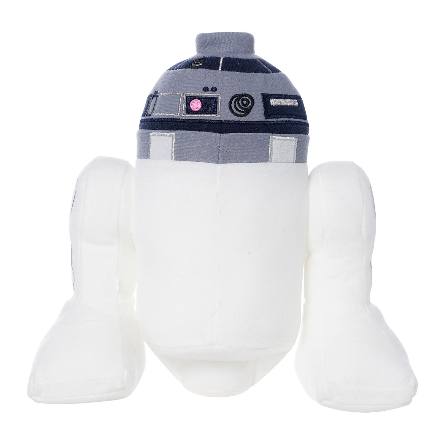 Ein weicher Stoffroboter mit grau-blauem Kopf und weißem Körper, der R2-D2 ähnelt, vor weißem Hintergrund.