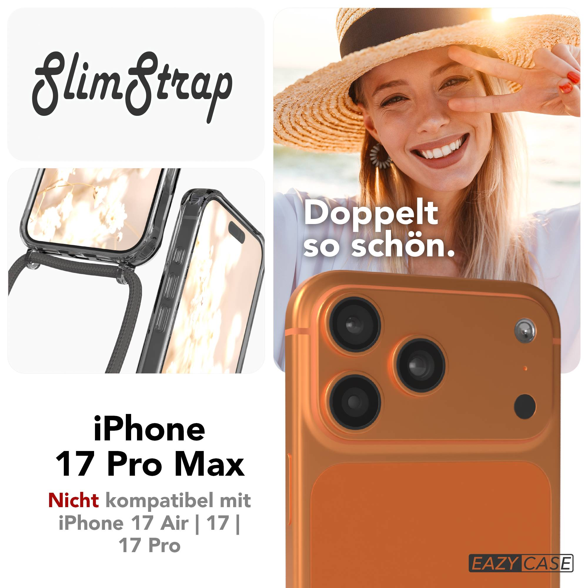 Eine Werbung für eine iPhone 17 Pro Max Hülle mit Band, mit einer lächelnden Frau und der Handyrückseite.