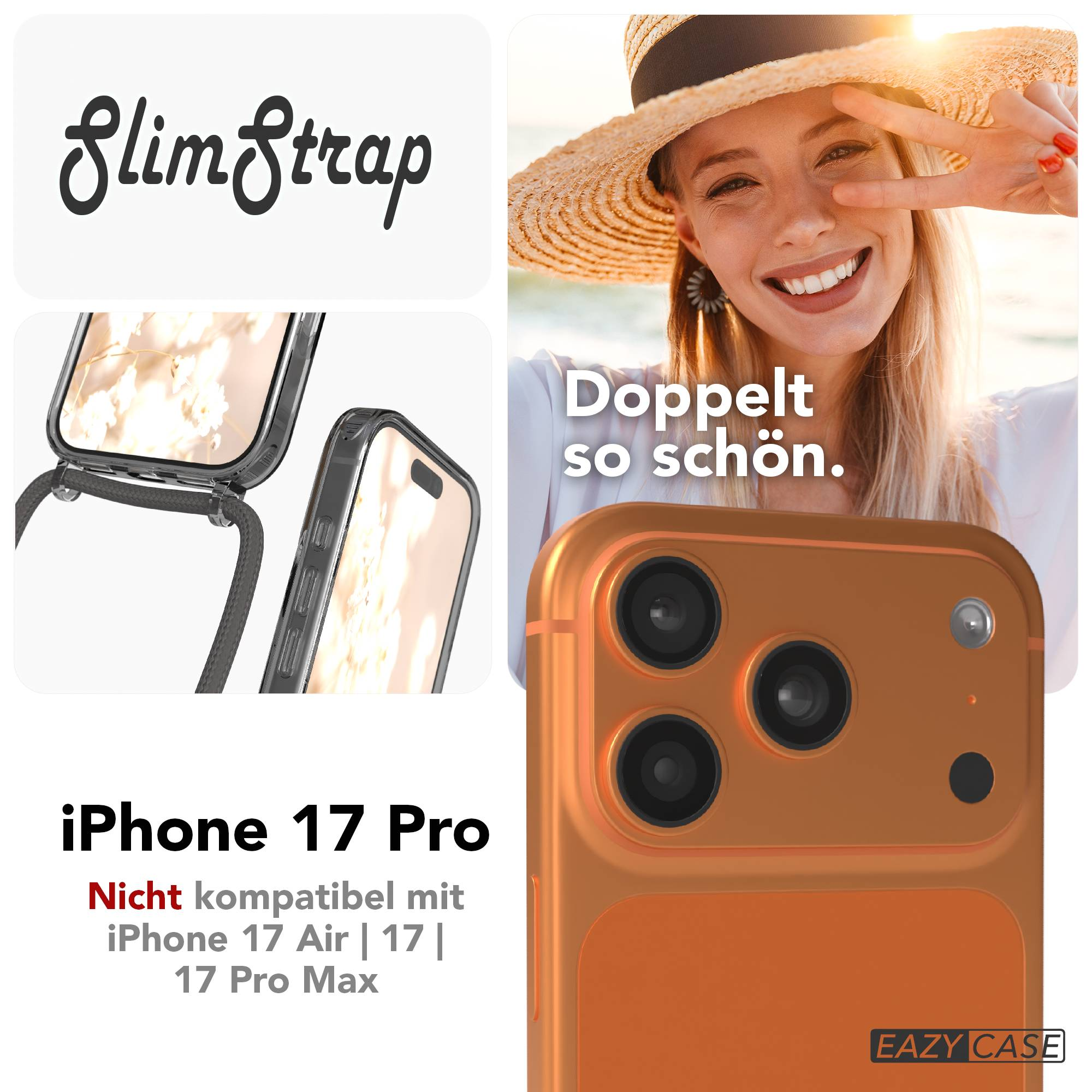Eine Frau mit Hut, ein iPhone 17 Pro in orange und die Inschrift Slim Strap.