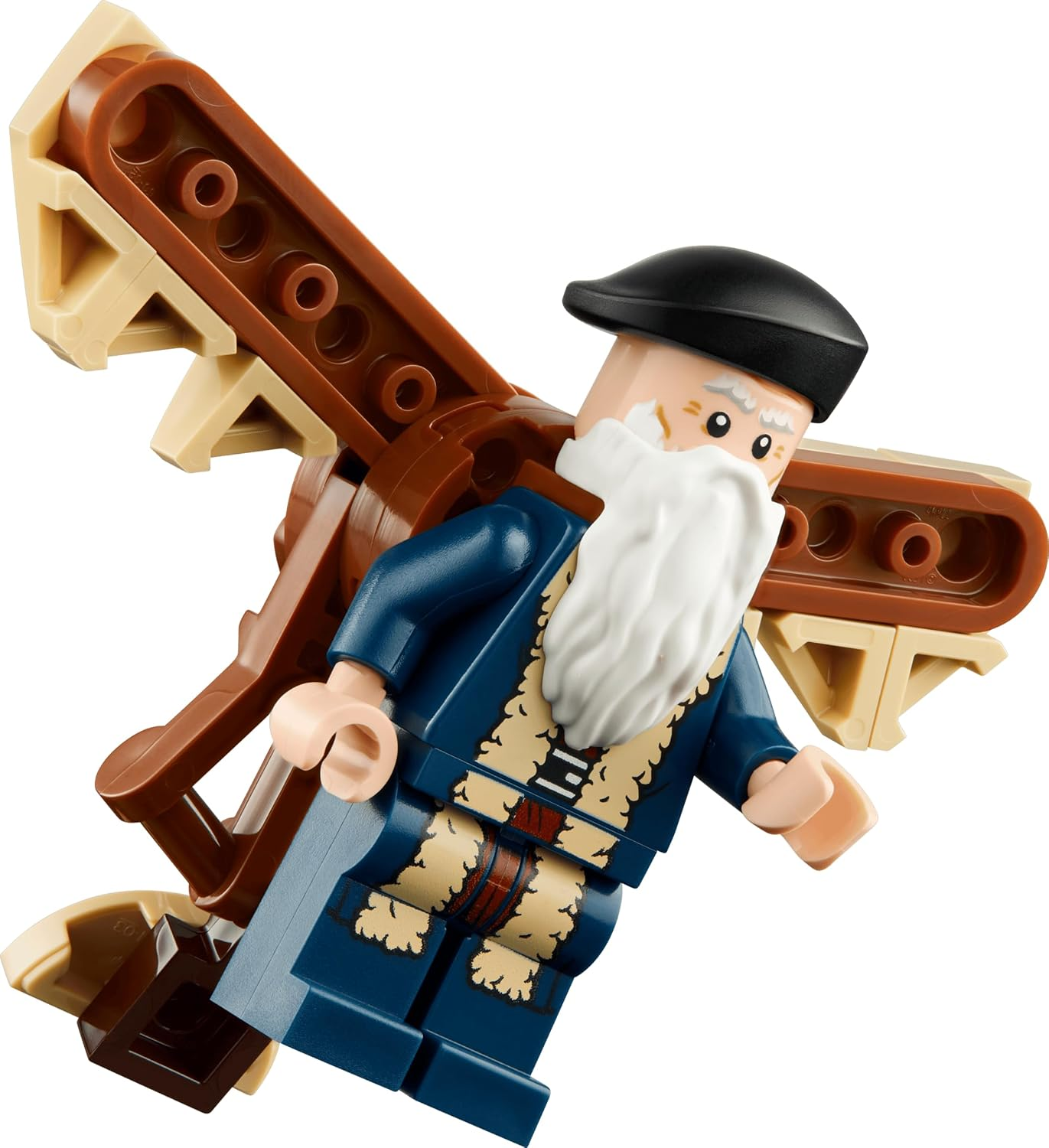 Lego-Minifigur mit weißem Bart, blauem Mantel und Kappe, mit einer braunen Flugmaschine auf dem Rücken.
