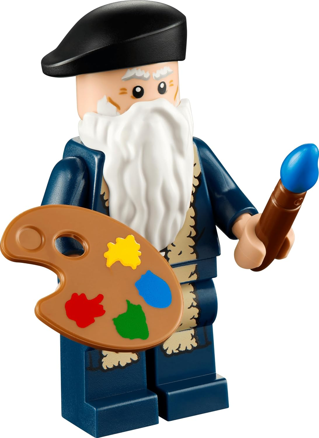 Lego-Minifigur eines Malers mit weißem Bart, blauer Kleidung, Farbpaketen auf einer Palette und einem blauen Pinsel.