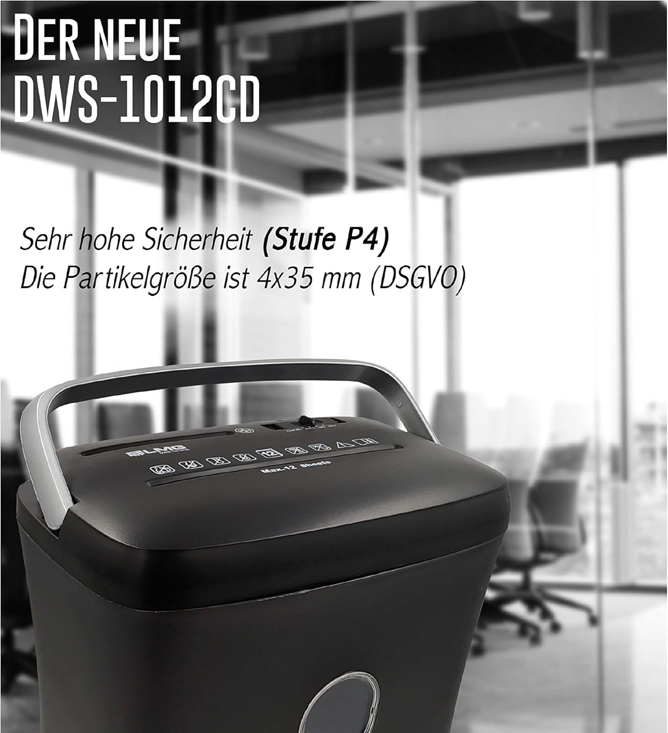 Schwarzer Aktenvernichter DWS-1012CD mit Stufe P4 in einem modernen Büro.