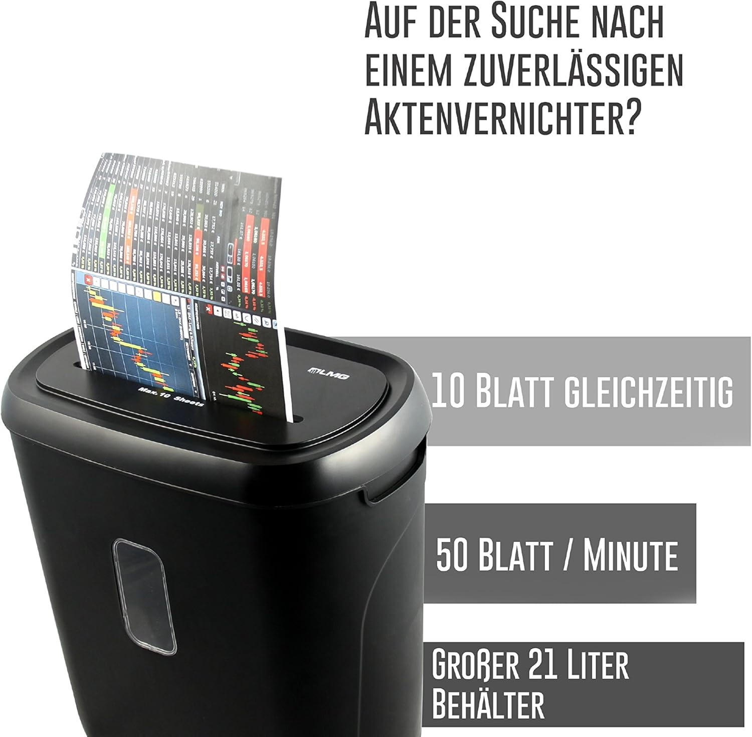 Ein schwarzer Aktenvernichter beim Zerkleinern von Finanzdokumenten mit deutschen Textoverlays.