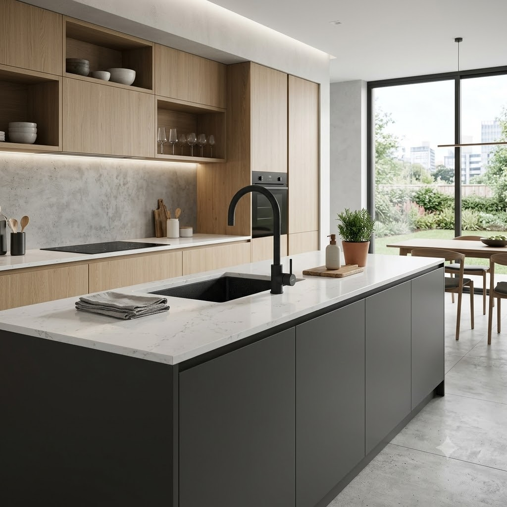 Cucina moderna con isola grigio scuro, piano in marmo bianco, lavello nero, mobili in legno e vista sul giardino.