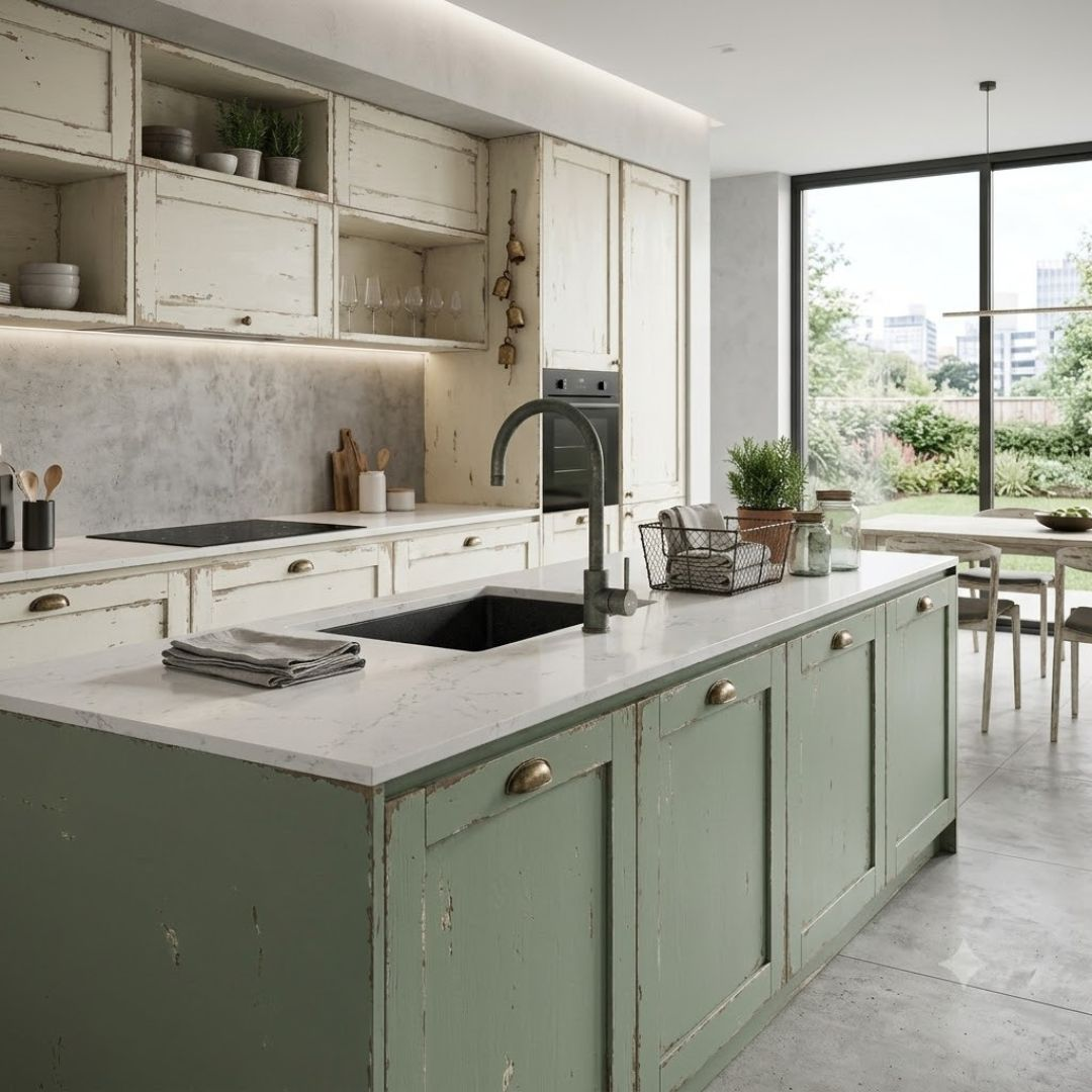 Moderna cucina con isola verde chiaro, mobili bianchi decapati e grande finestra sul giardino.