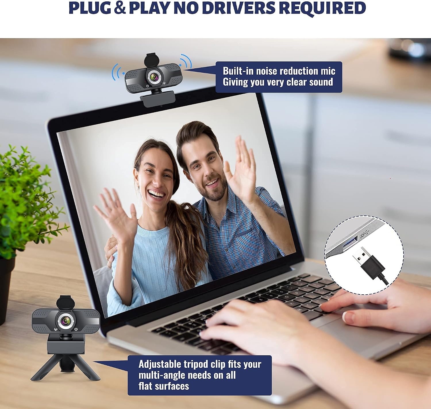 Eine Webcam auf einem Laptop zeigt einen Videoanruf winkender Personen, mit Produkttext und USB-Einsatz.