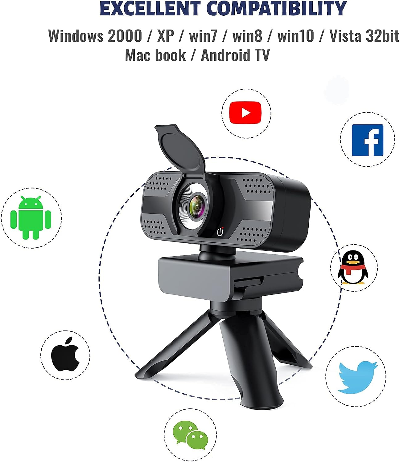 Schwarze Webcam mit Stativ und Symbolen für Kompatibilität.