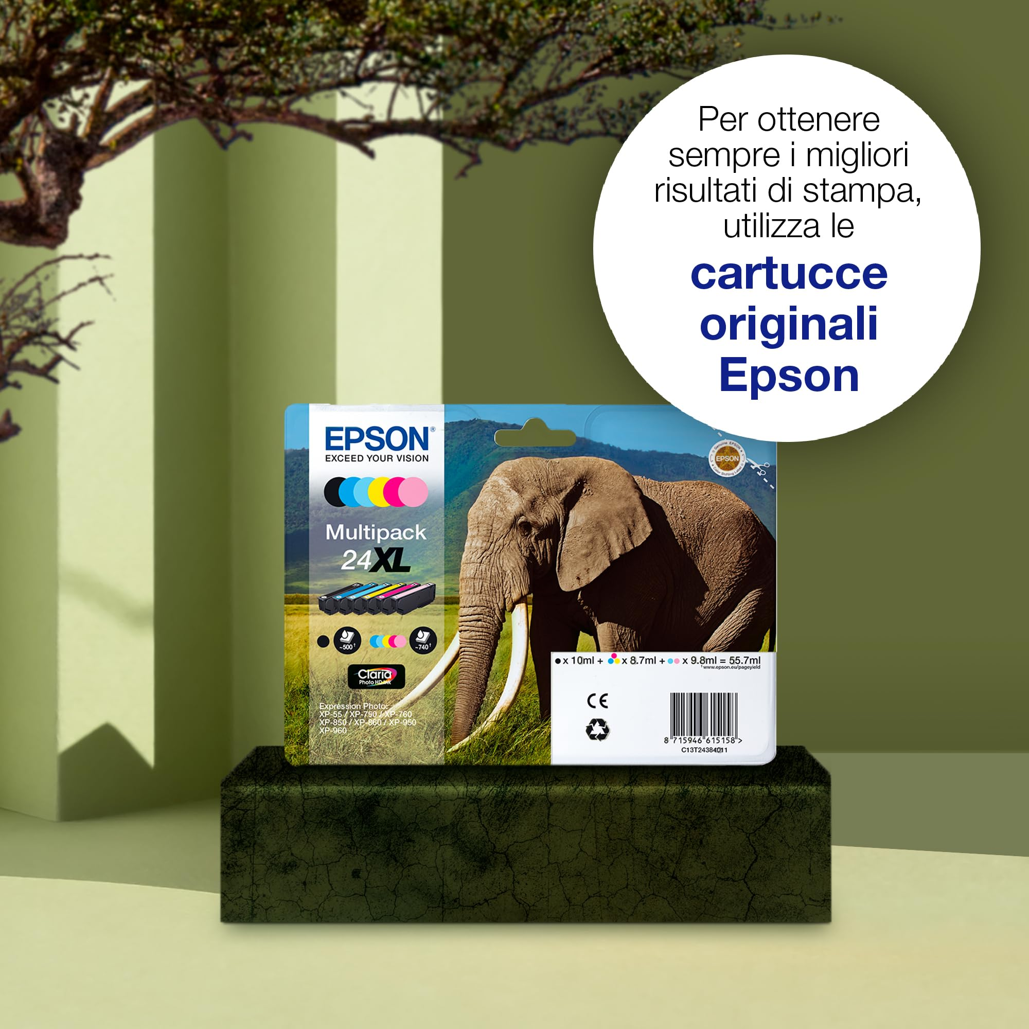 Cartuccia Epson 24XL su blocco scuro, con immagine di elefante e fumetto con testo in italiano.
