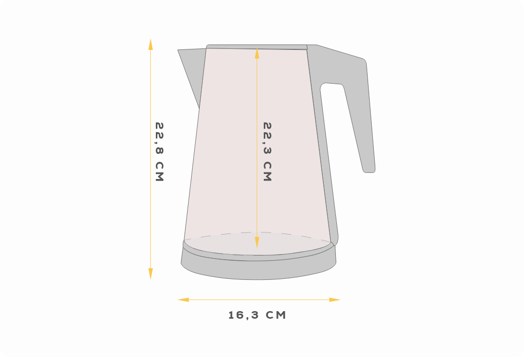 Rysunek techniczny czajnika o wymiarach: wysokość 22,8 cm, wysokość korpusu 22,3 cm i szerokość 16,3 cm.