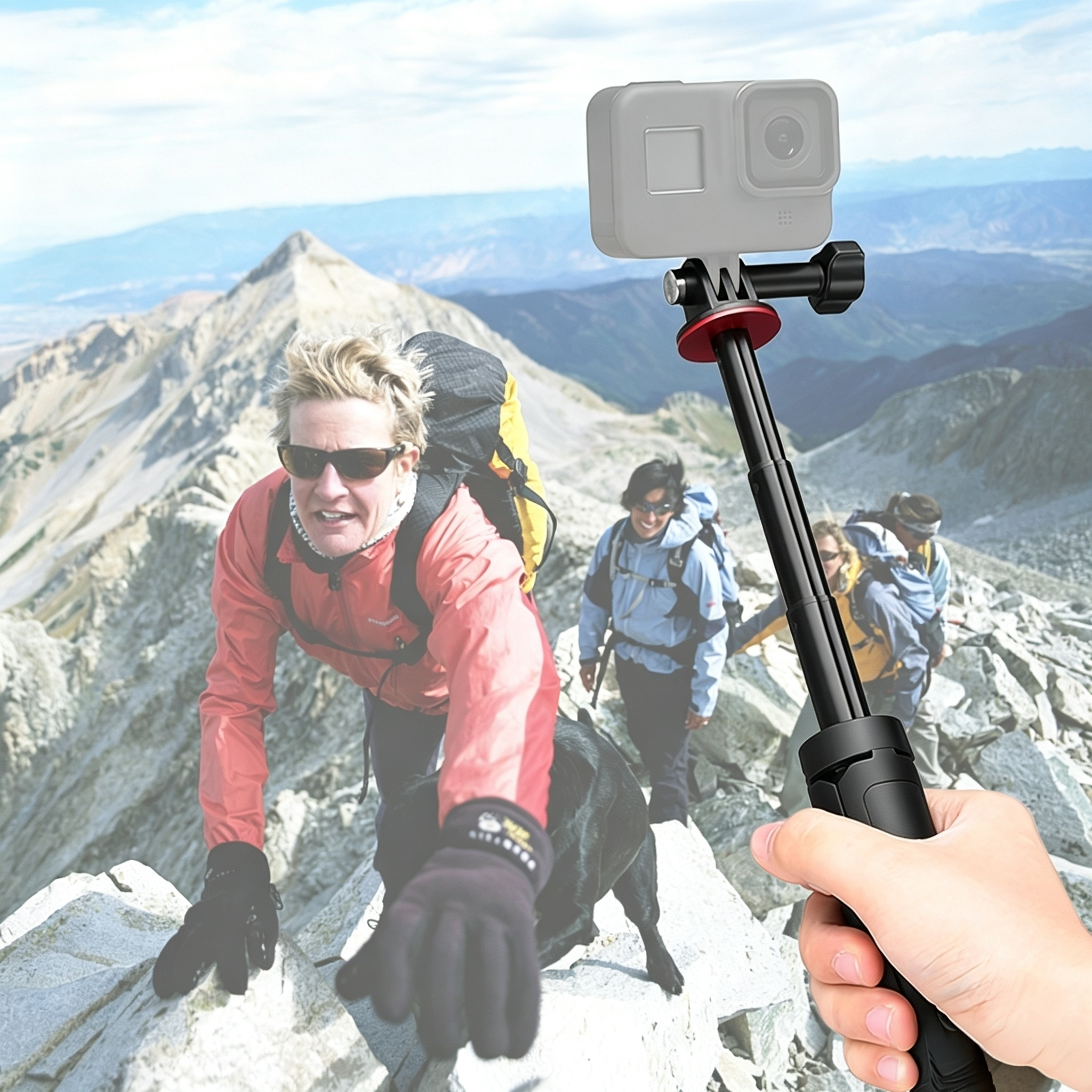 Eine Hand hält einen Selfie-Stick mit Kamera und filmt Wanderer.