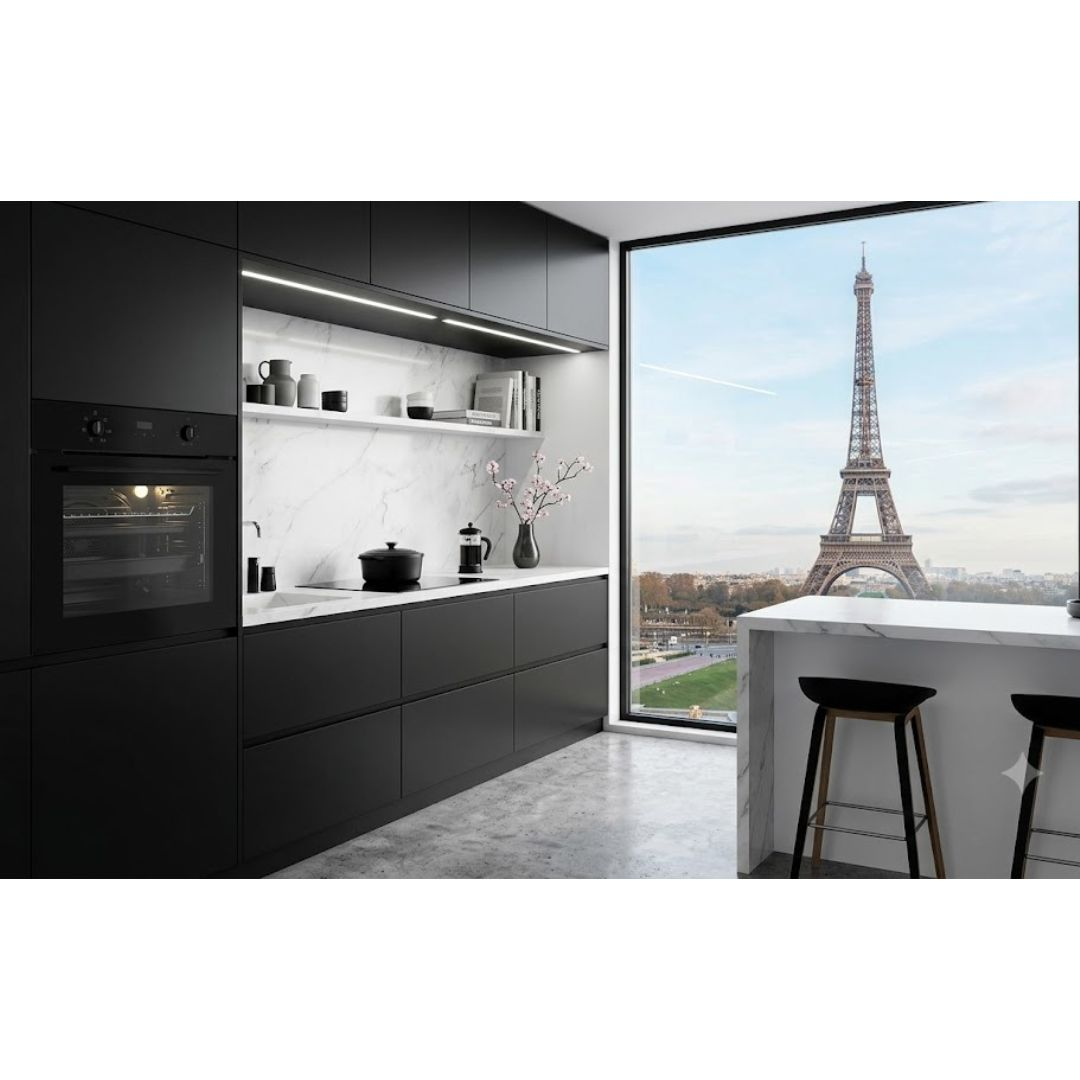 Moderna cucina nera con vista sulla Torre Eiffel attraverso una grande finestra.