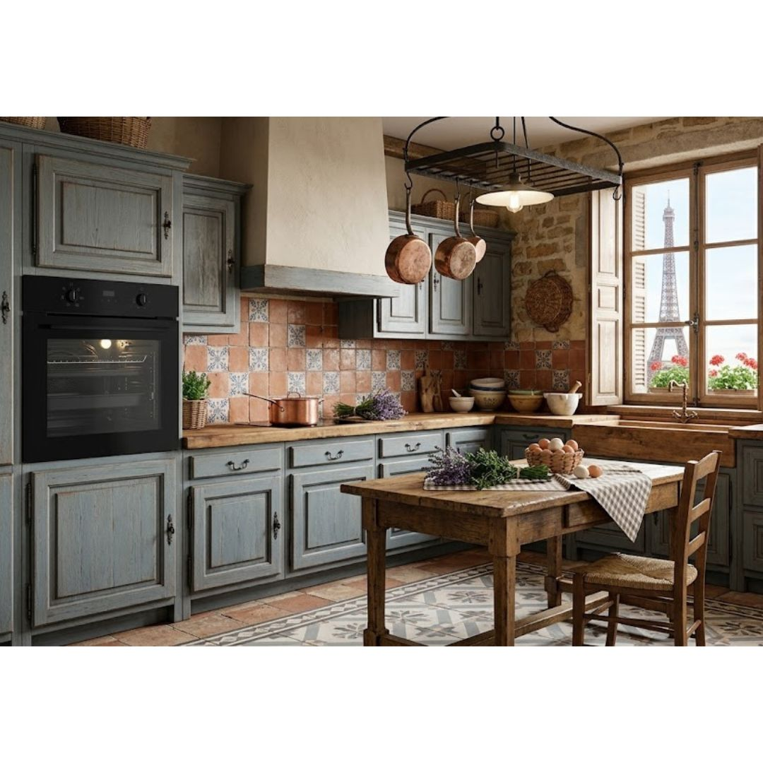 Cucina rustica con mobili blu, tavolo in legno, forno e finestra con vista sulla Tour Eiffel.