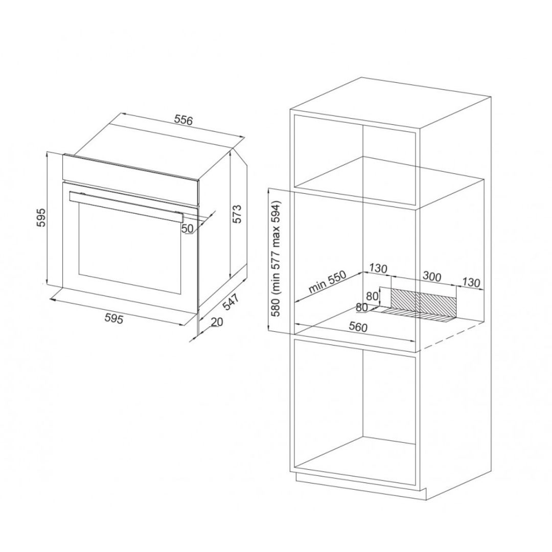 Disegno tecnico con quote per forno da incasso e mobile cucina.
