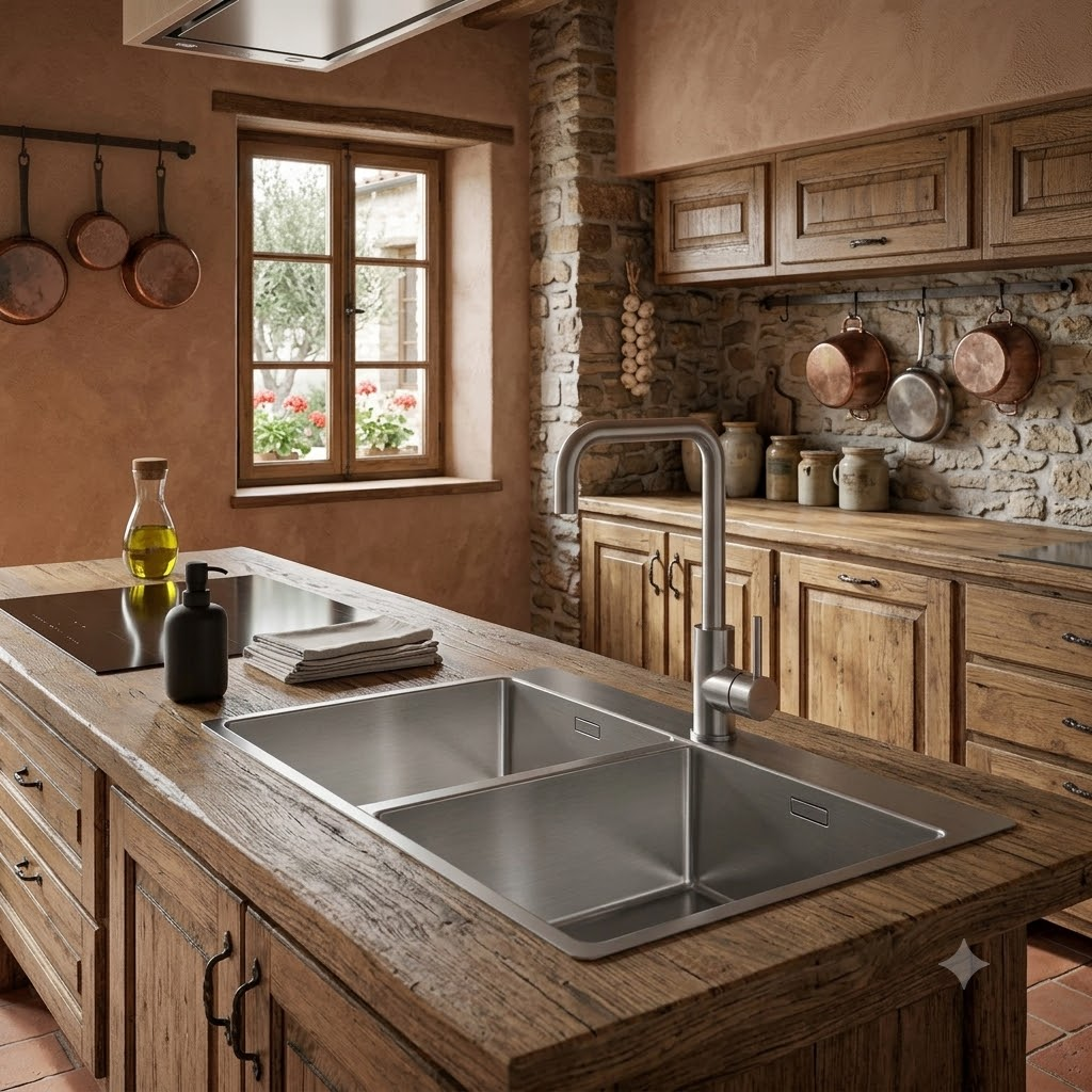 Cucina rustica con isola in legno, lavello, parete in pietra e pentole di rame.