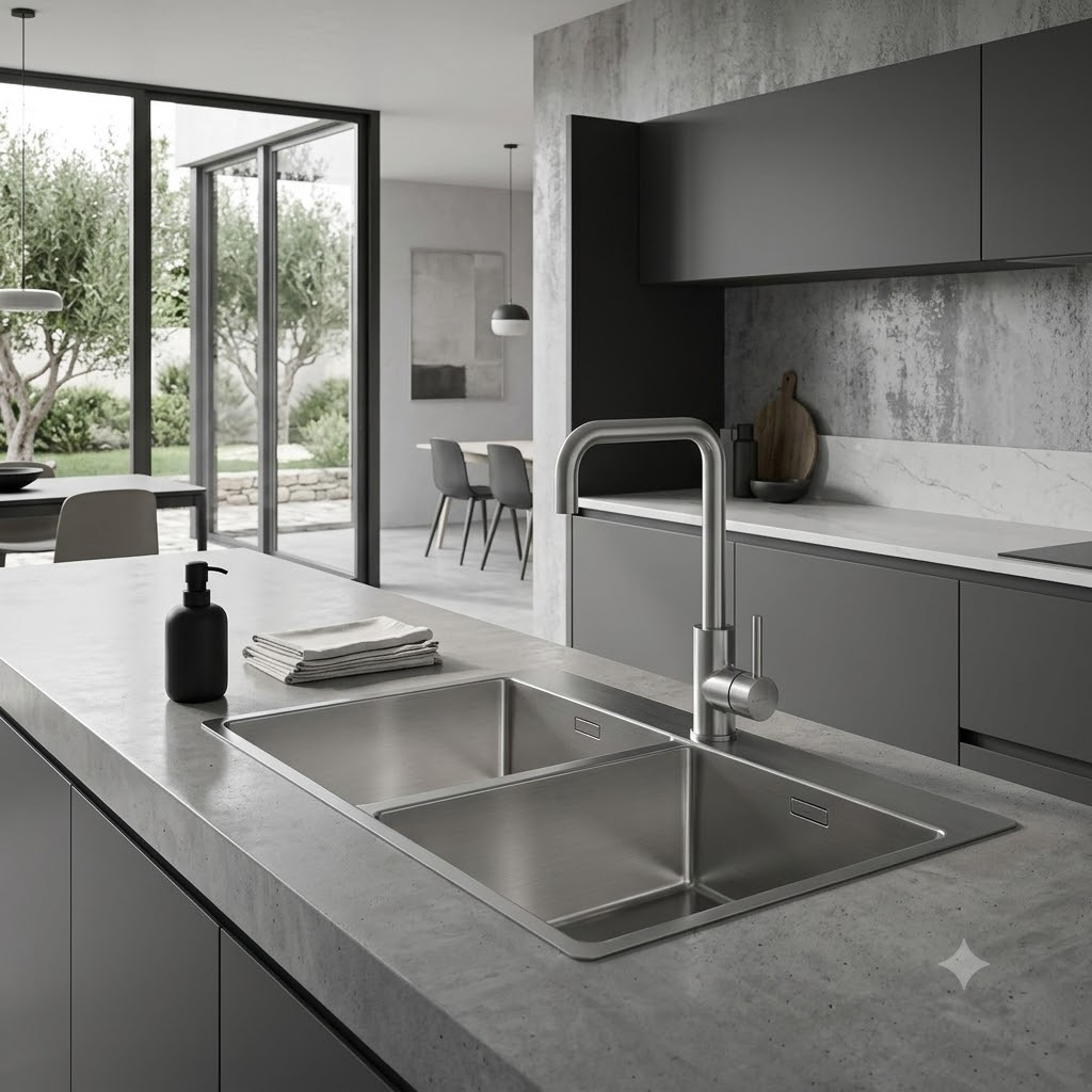 Cucina moderna con doppio lavello, rubinetto in acciaio inossidabile, mobili grigi e vista sul giardino.