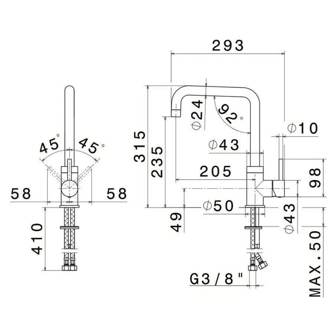 Disegno tecnico di un rubinetto da cucina con quote in millimetri.