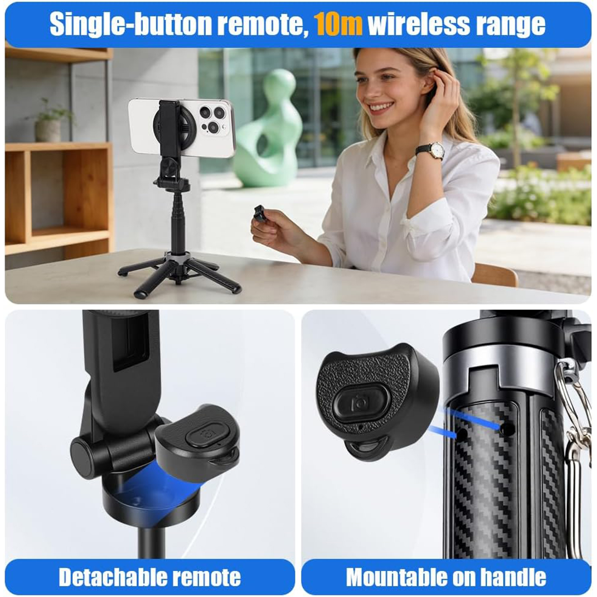 Eine Frau hält eine Fernbedienung neben einem Smartphone auf einem Stativ.