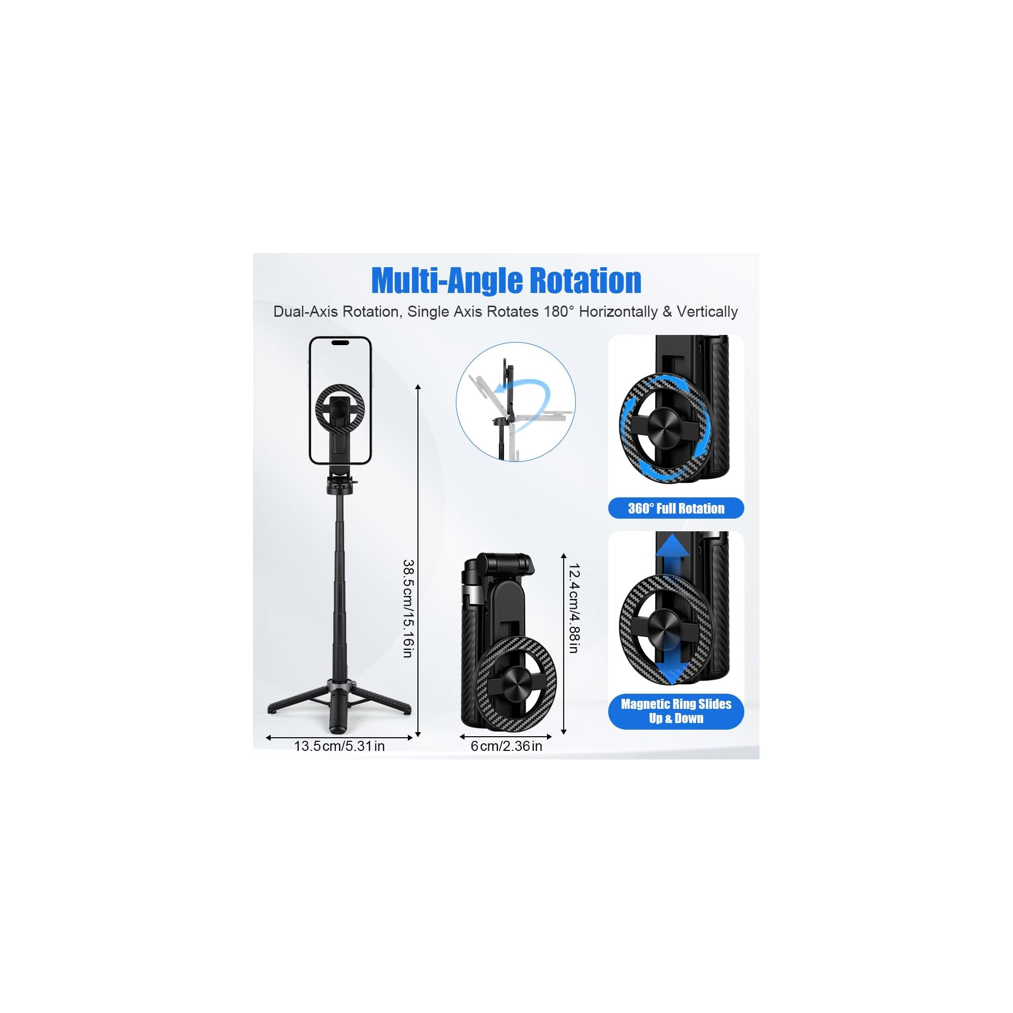 Diagramm zeigt ein verstellbares Stativ mit Abmessungen, 360-Grad-Drehung und Schiebefunktion.