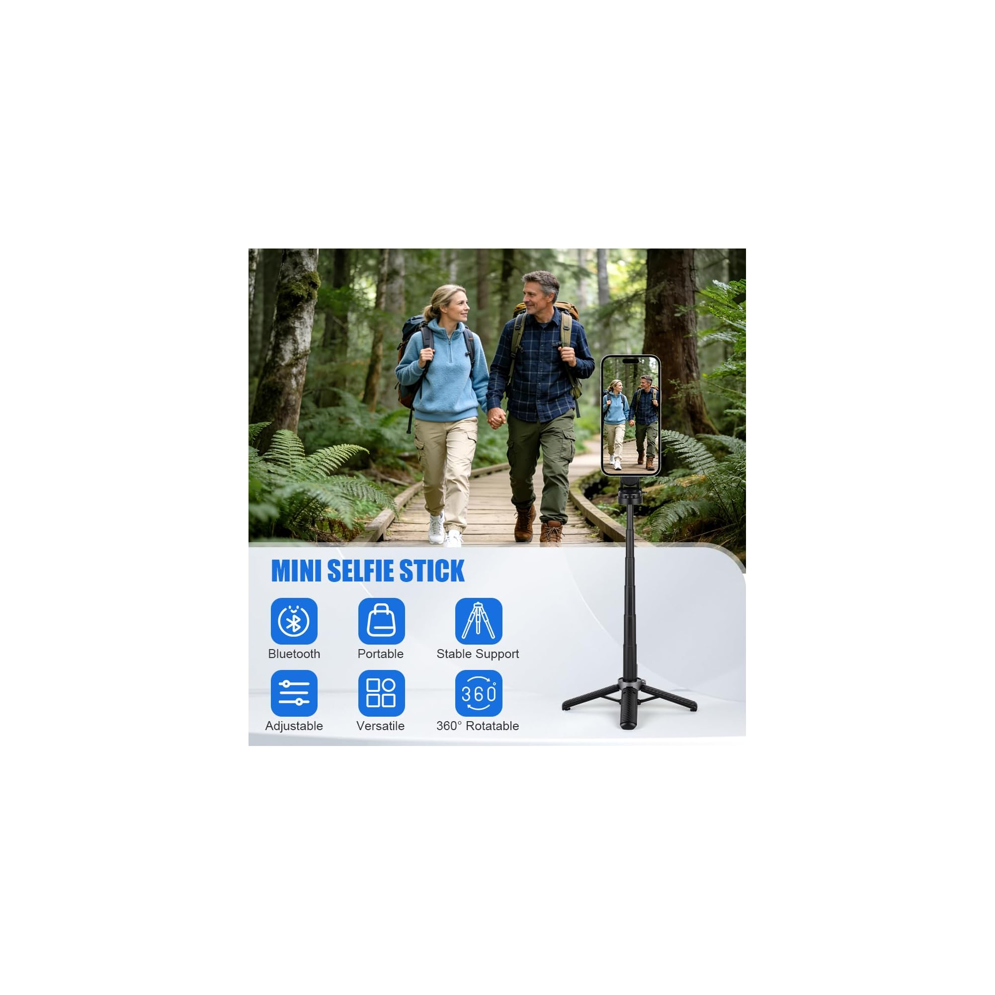 Ein Mini-Selfie-Stick mit einem Handy, das ein wanderndes Paar zeigt, vor Waldhintergrund und Funktionssymbolen.