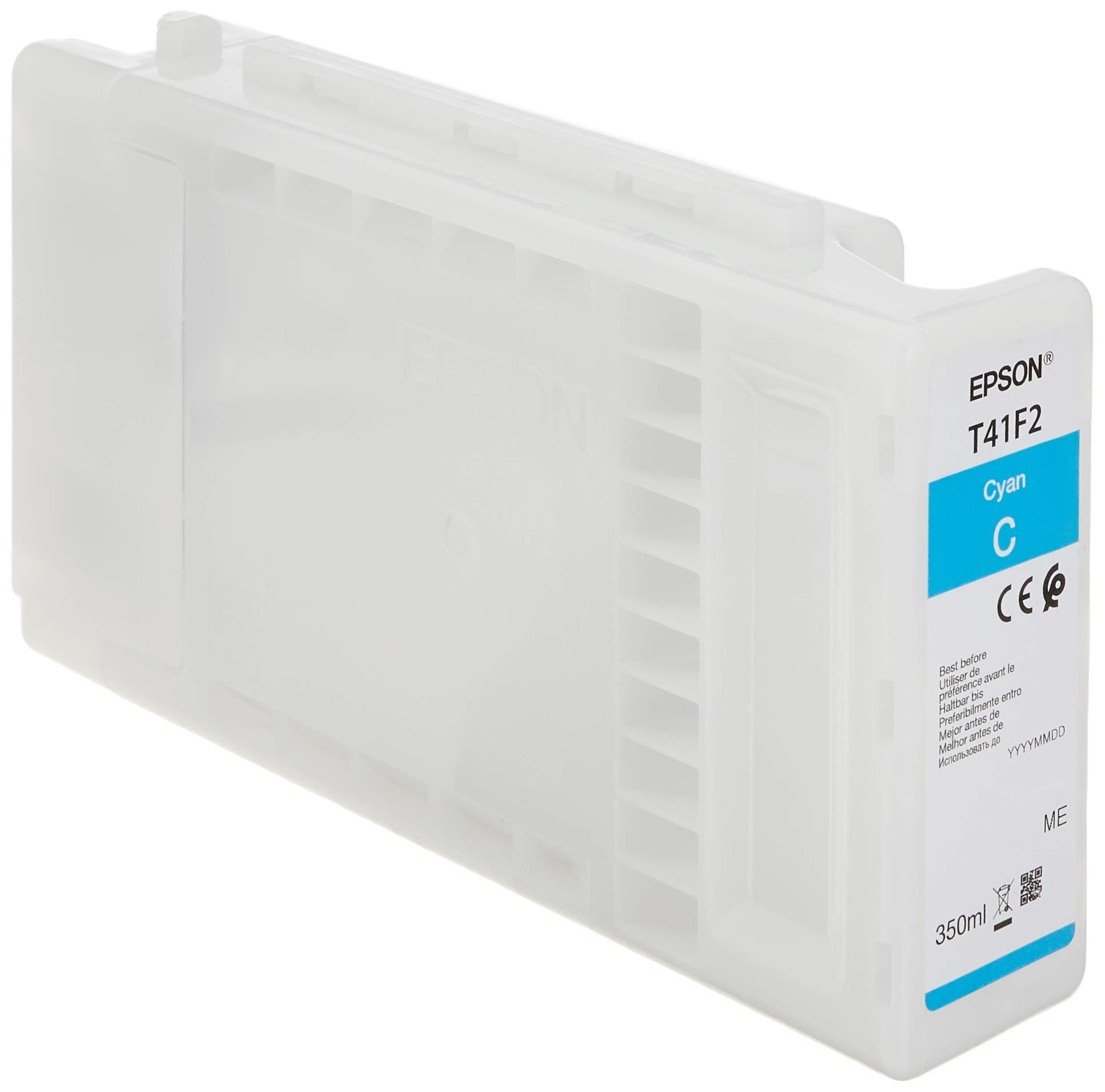 Un cartucho de tinta cian Epson T41F2, 350 ml, con cuerpo de plástico blanco y etiqueta azul.