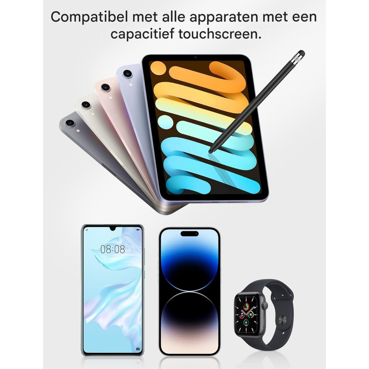 Ein Tablet mit Stift, zwei Smartphones und eine Smartwatch auf hellem Hintergrund.