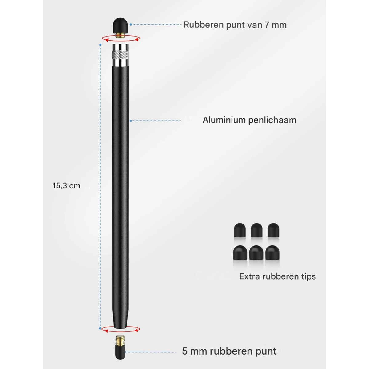 Diagramm eines schwarzen Stylus mit 15,3 cm Länge, Aluminiumgehäuse, Gummispitzen und Ersatzspitzen.