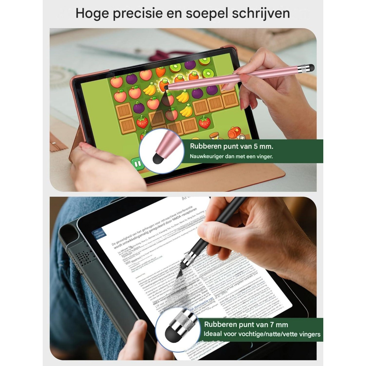 Zwei Bilder zeigen die Benutzung eines Tablet-Stifts für Spiele und zum Lesen.