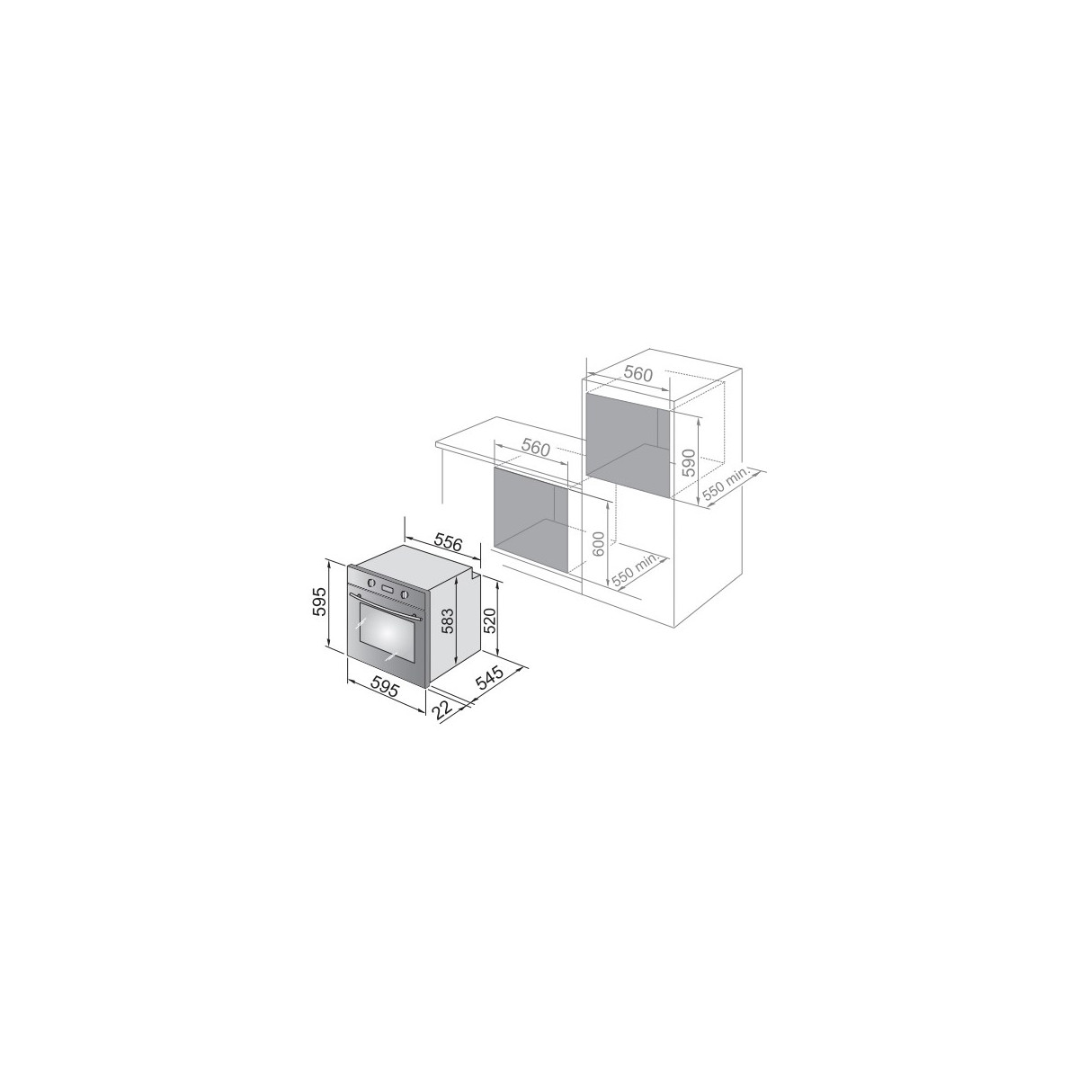 Disegno tecnico con le quote di installazione di un forno e mobile da cucina.