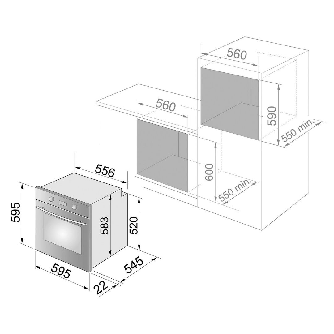 Disegno tecnico che mostra le dimensioni di installazione per un forno e mobili da cucina.