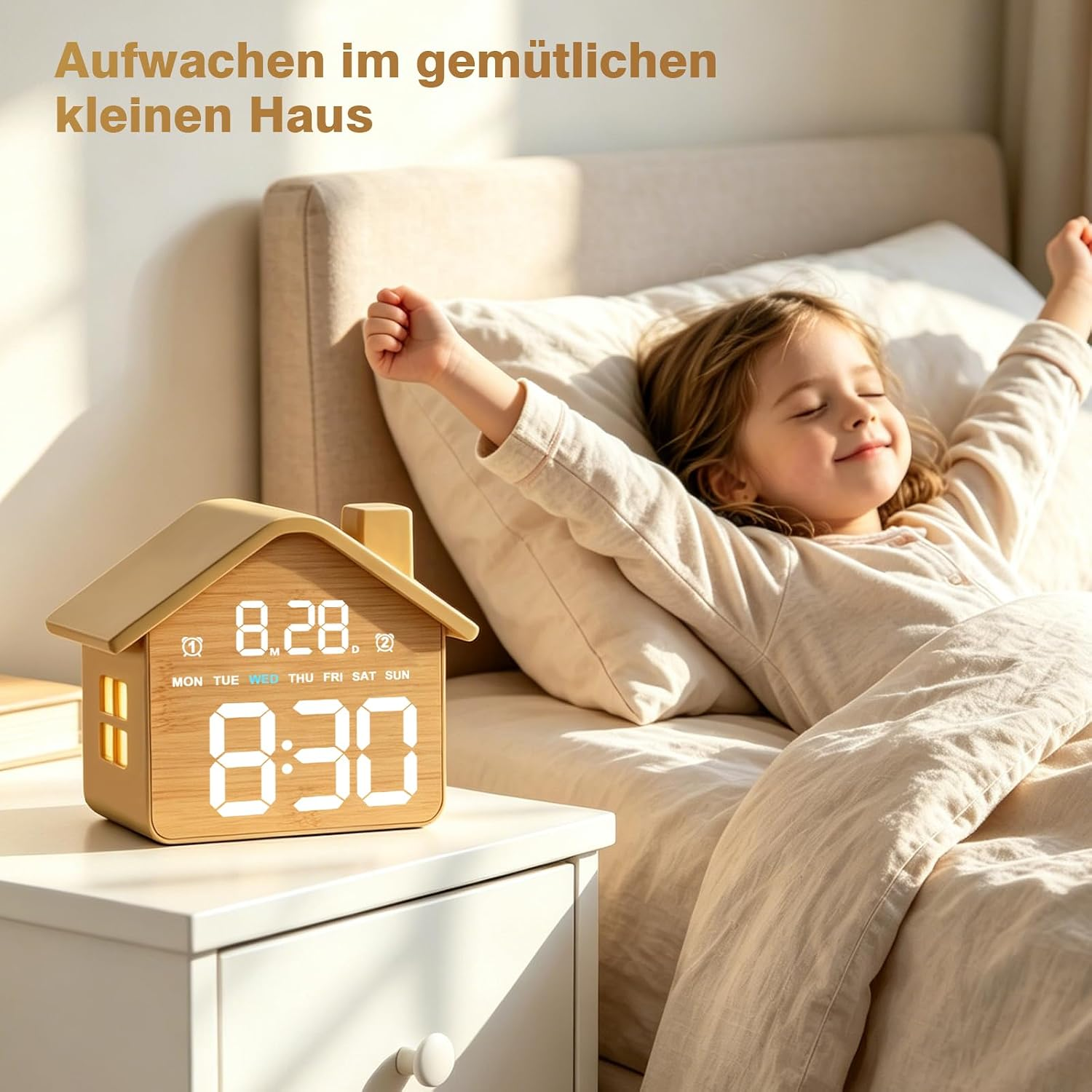 Ein Kind wacht in einem Bett auf, neben ihm steht ein Wecker in Hausform.