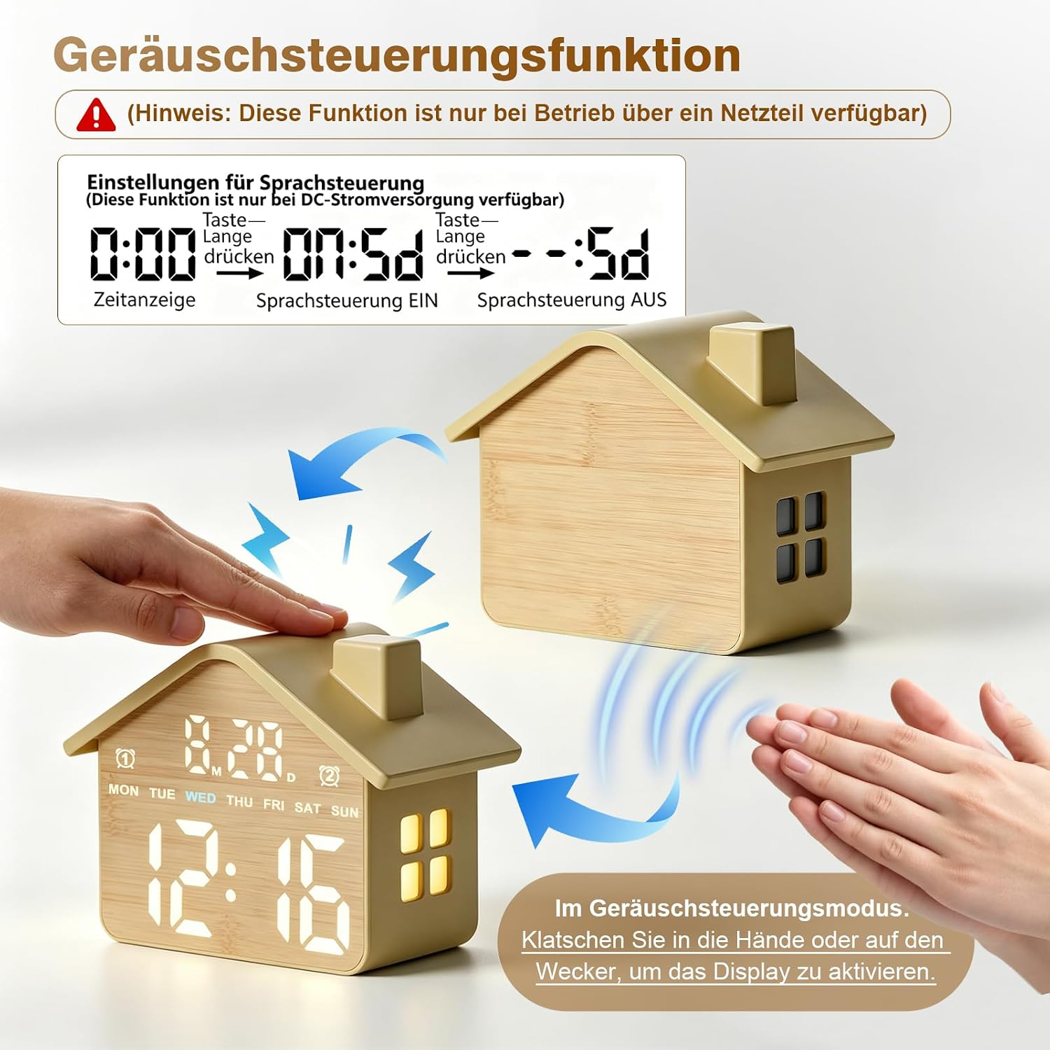 Ein hausförmiger Digitalwecker zeigt Anleitungen zur Aktivierung der Sprachsteuerung durch Klatschen oder Berühren.