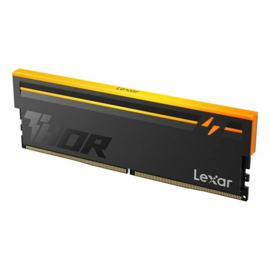 Modulo RAM nero Lexar THOR con dissipatore di calore giallo e logo bianco.
