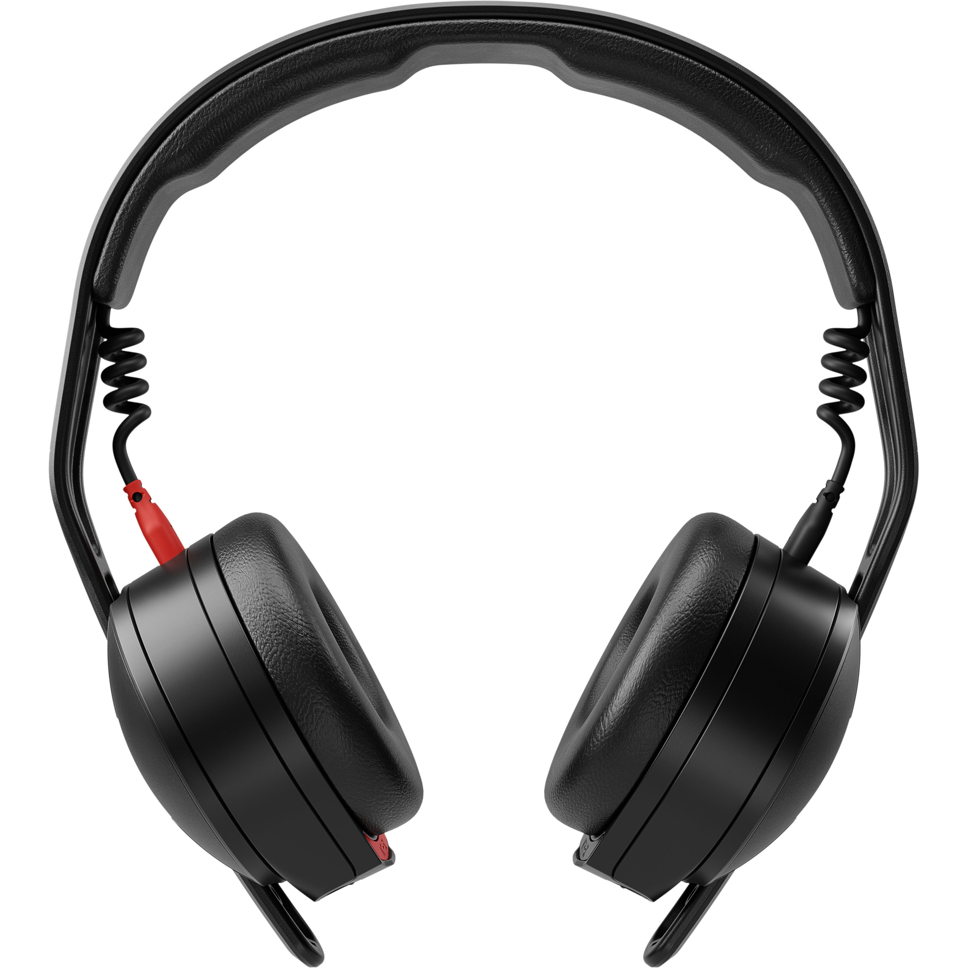 Cuffie over-ear nere con archetto imbottito e cavi a spirale su sfondo bianco.