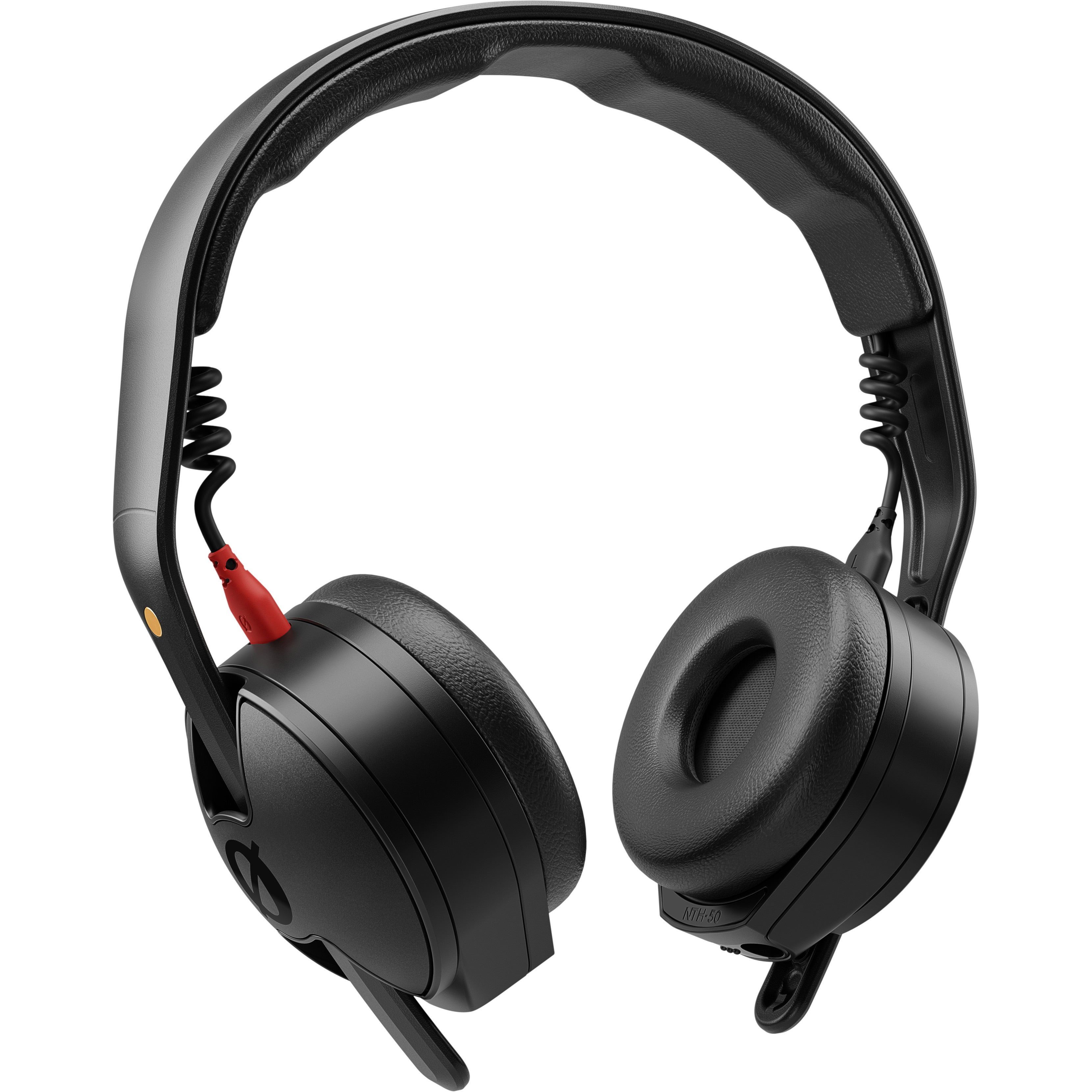 Cuffie on-ear nere con archetto imbottito e connettore rosso.